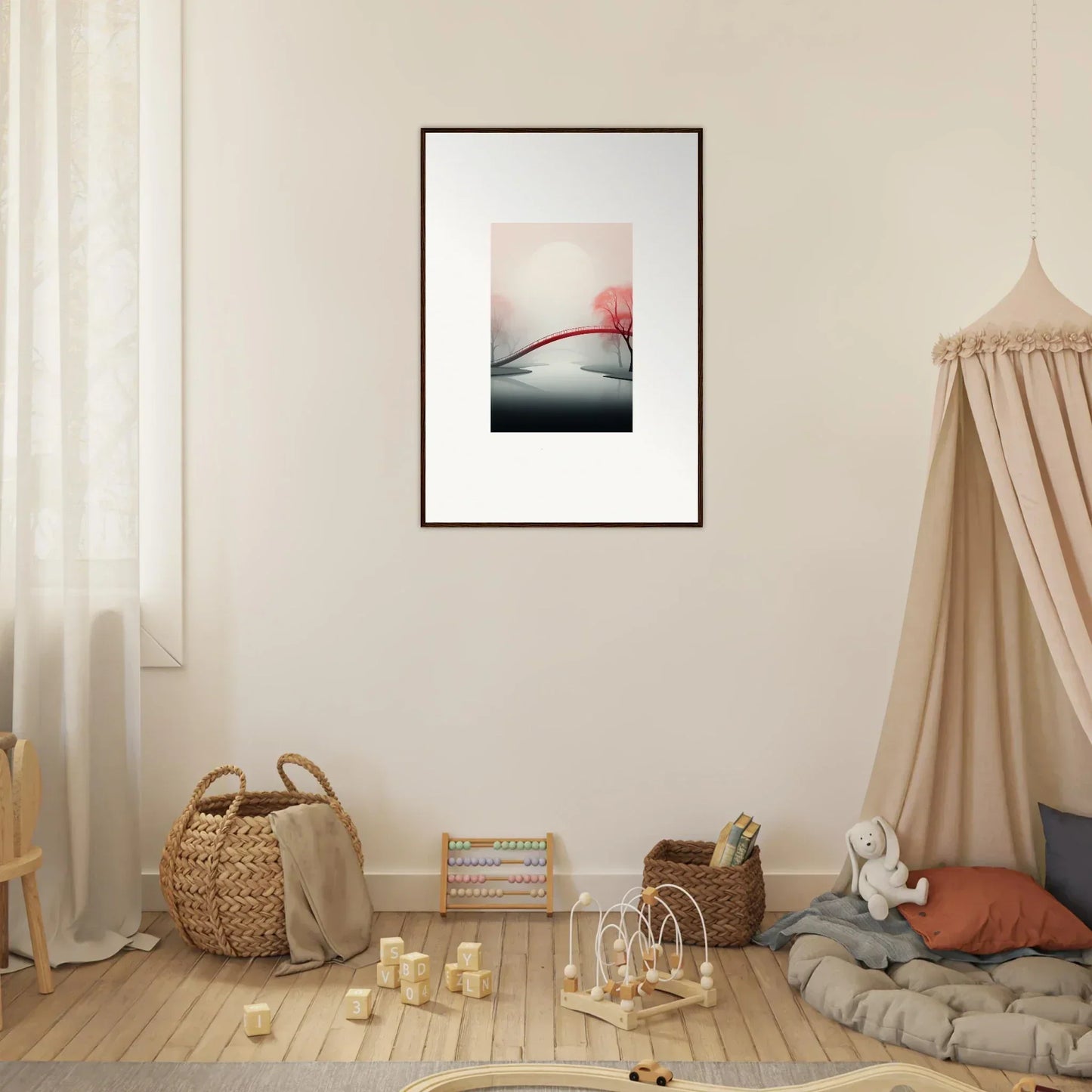 Framed canvas print of a minimalist bridge at sunset, perfect for room decoration