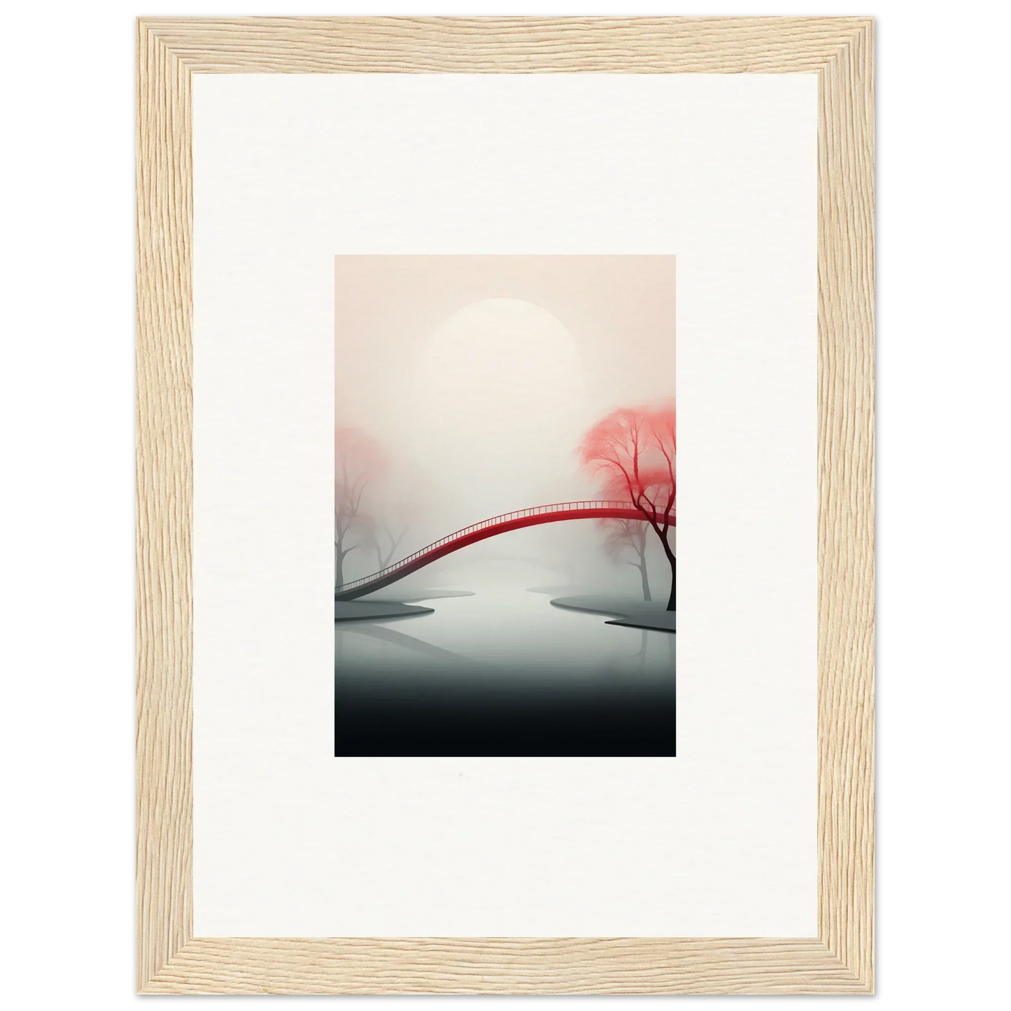 Framed canvas print of a minimalist landscape with a red bridge for room decoration