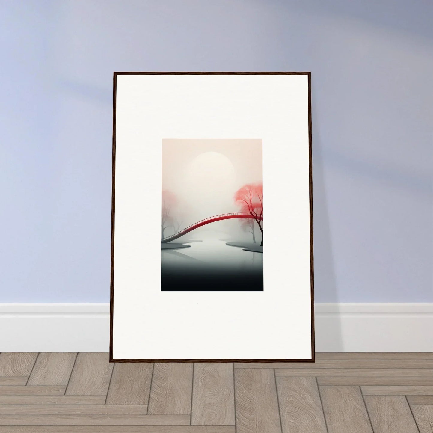 Framed canvas print of a minimalist landscape with a red tree, perfect for mystic passage room decoration