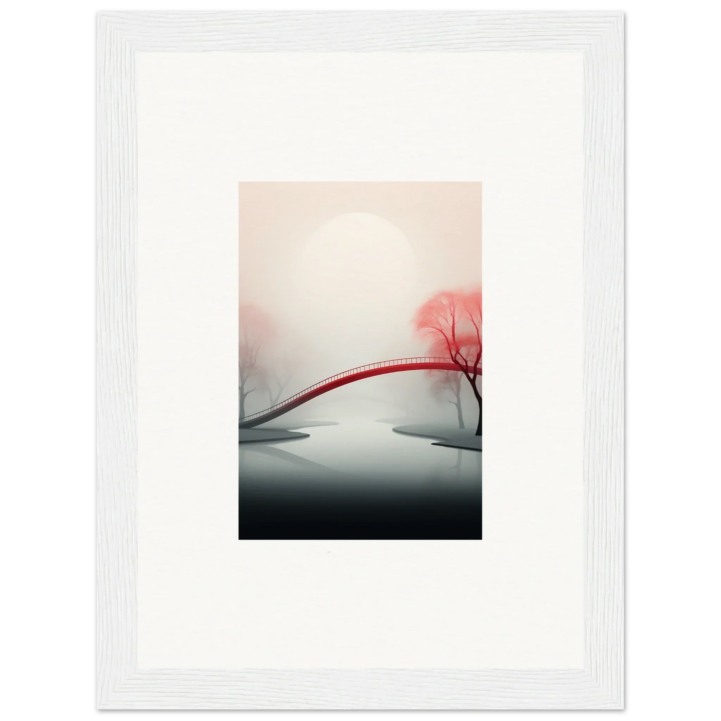 Minimalist canvas print of a red bridge in a misty landscape for dreamy room decoration