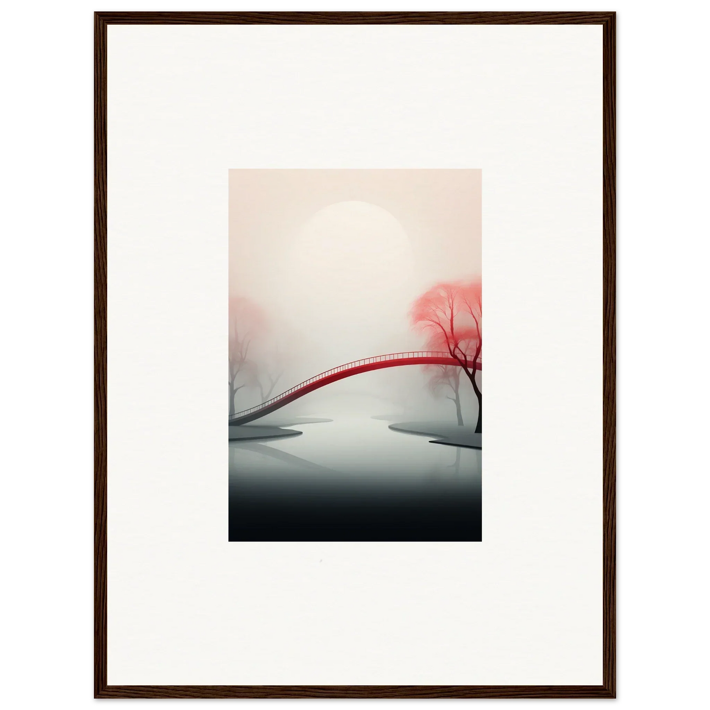 Red arched bridge and pink tree in Dreamlight Mystic Passage canvas print for room decoration