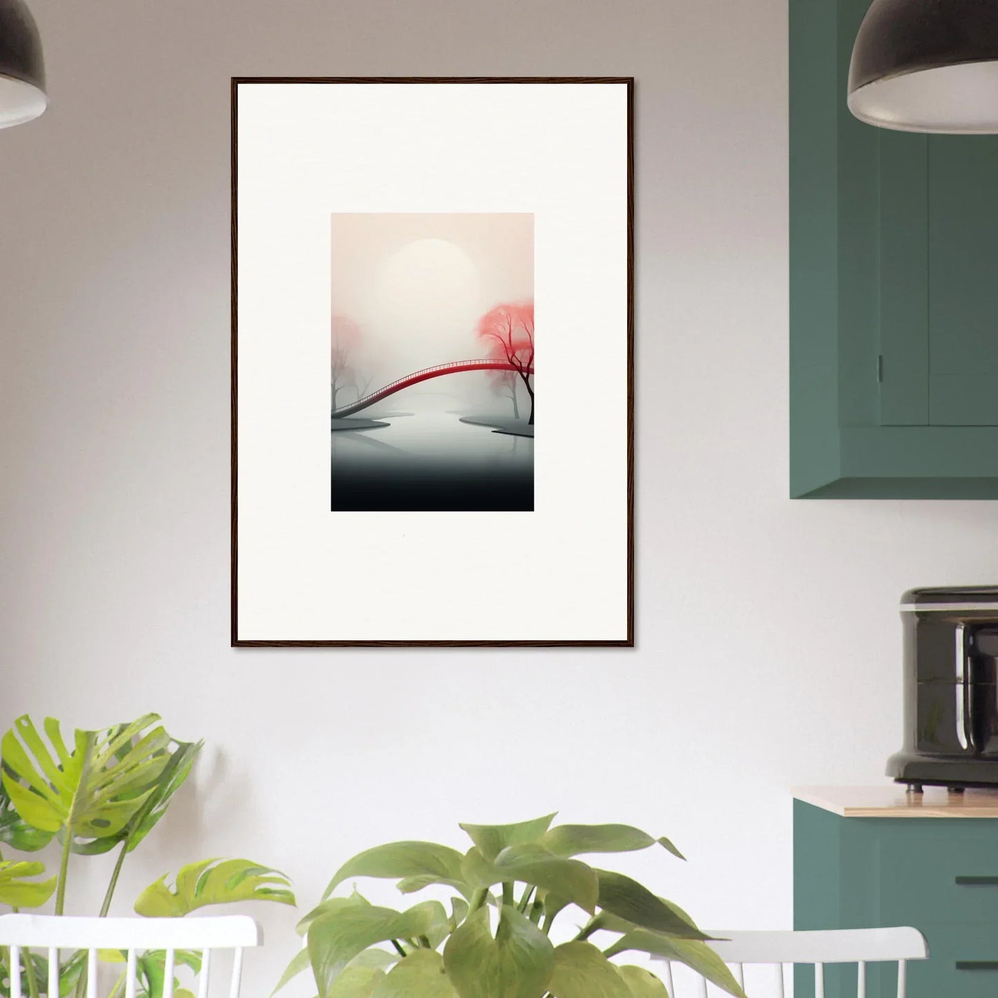 Framed minimalist canvas print of a red bridge in a mystic passage over water