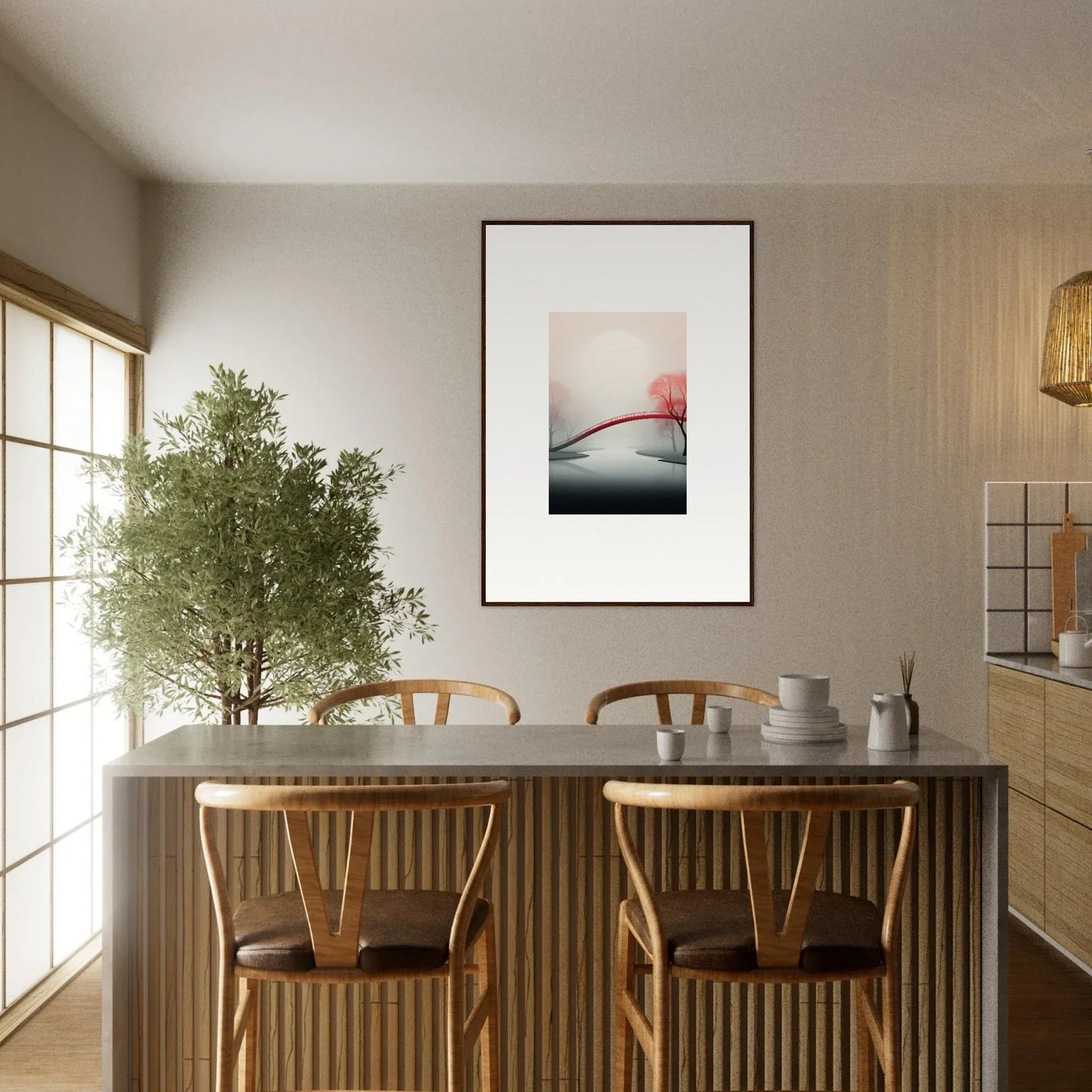 Dining area with a concrete table, wooden chairs, and Mystic Passage canvas print