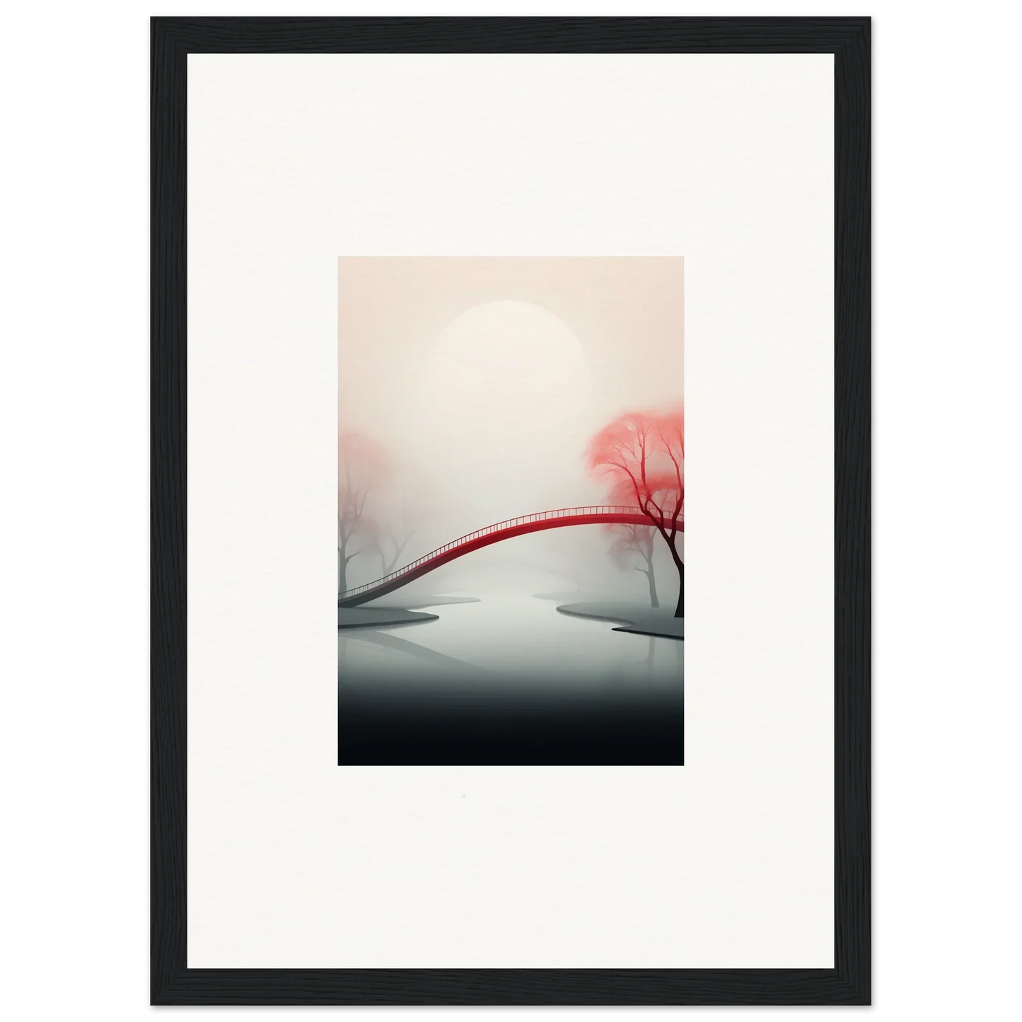 Minimalist canvas print of a red arched bridge over misty water, a mystic passage scene