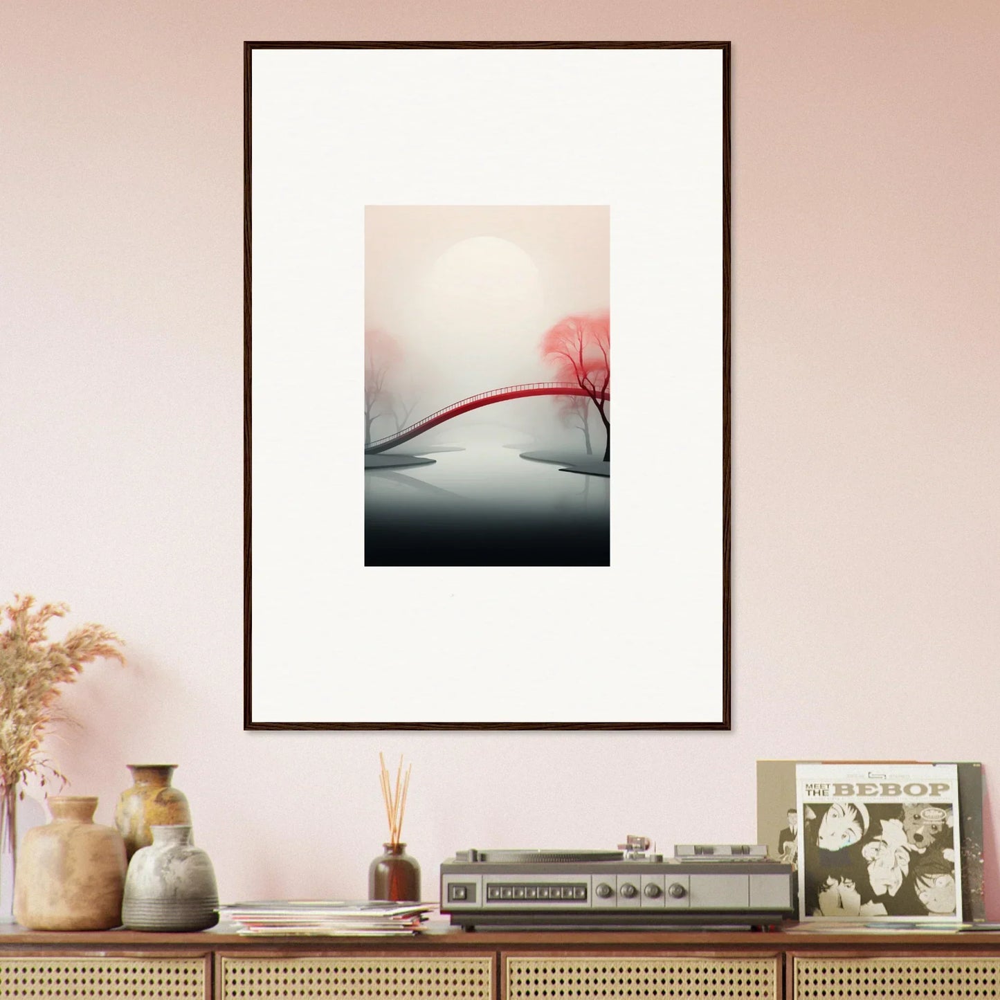 Framed canvas print of a minimalist landscape with a red bridge for mystic passage room decoration