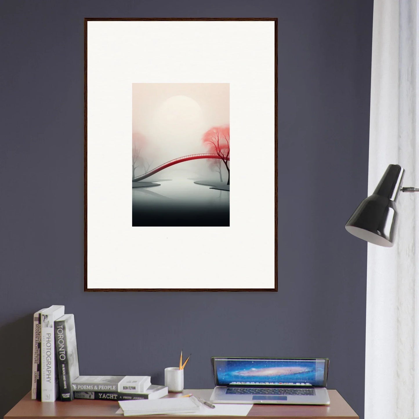 Framed minimalist canvas print of a red tree silhouette in a mystic passage landscape