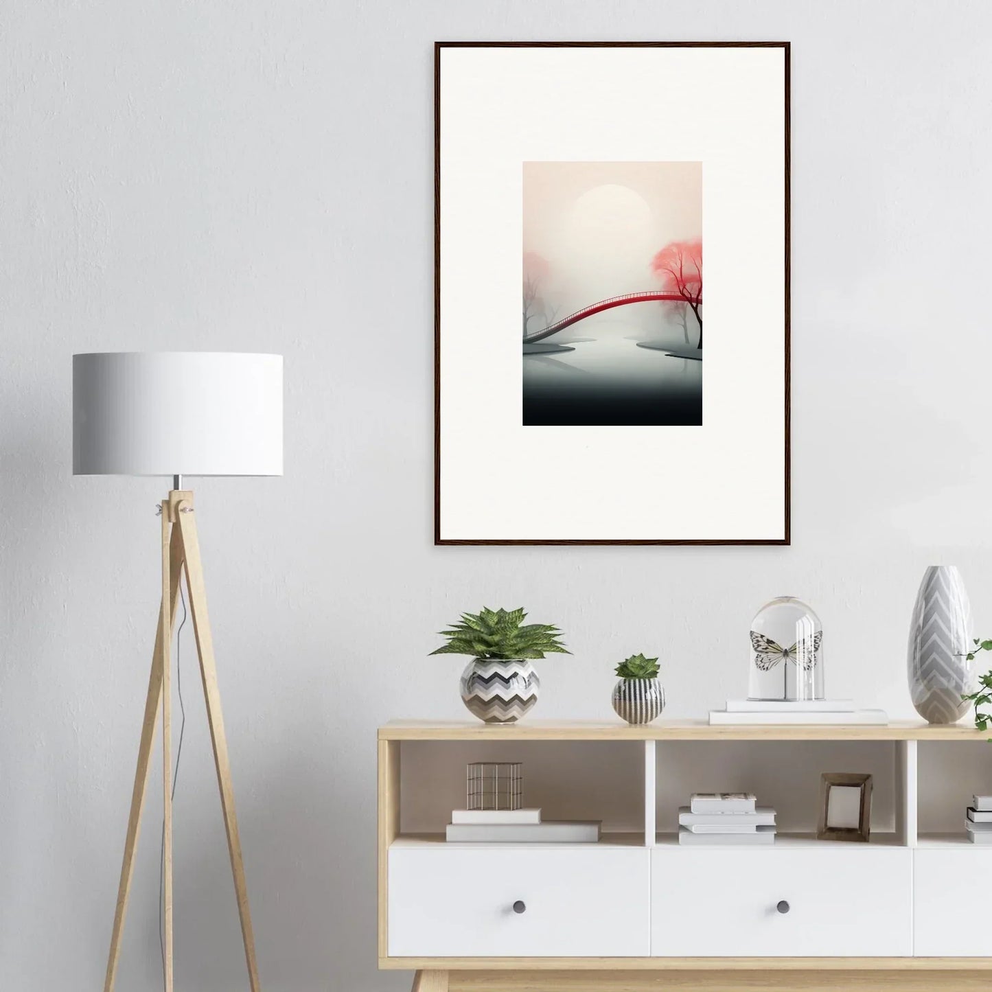 Framed minimalist canvas print with a red curved line in mystic passage theme