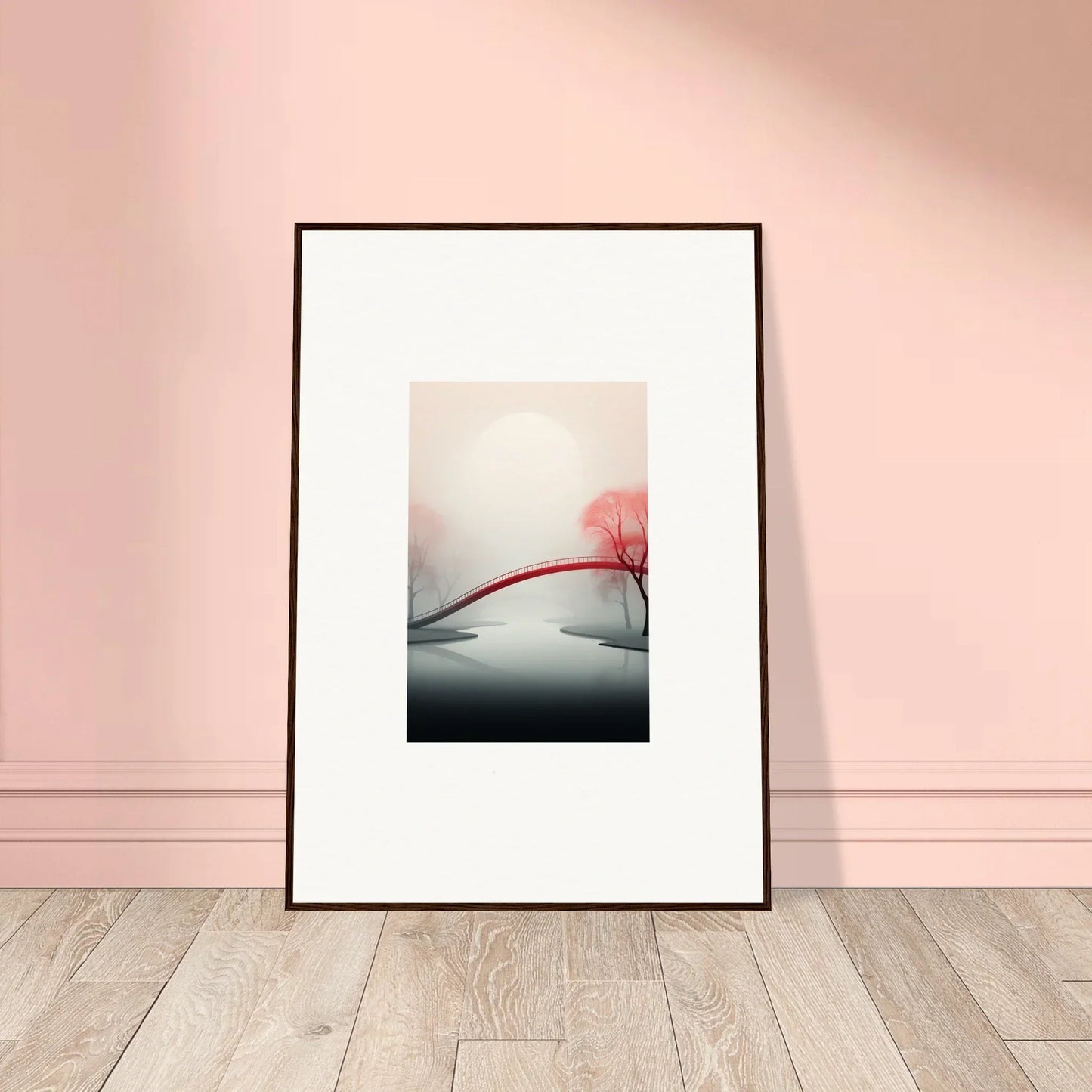 Framed canvas print of a minimalist landscape with a red tree in Mystic Passage for room decoration
