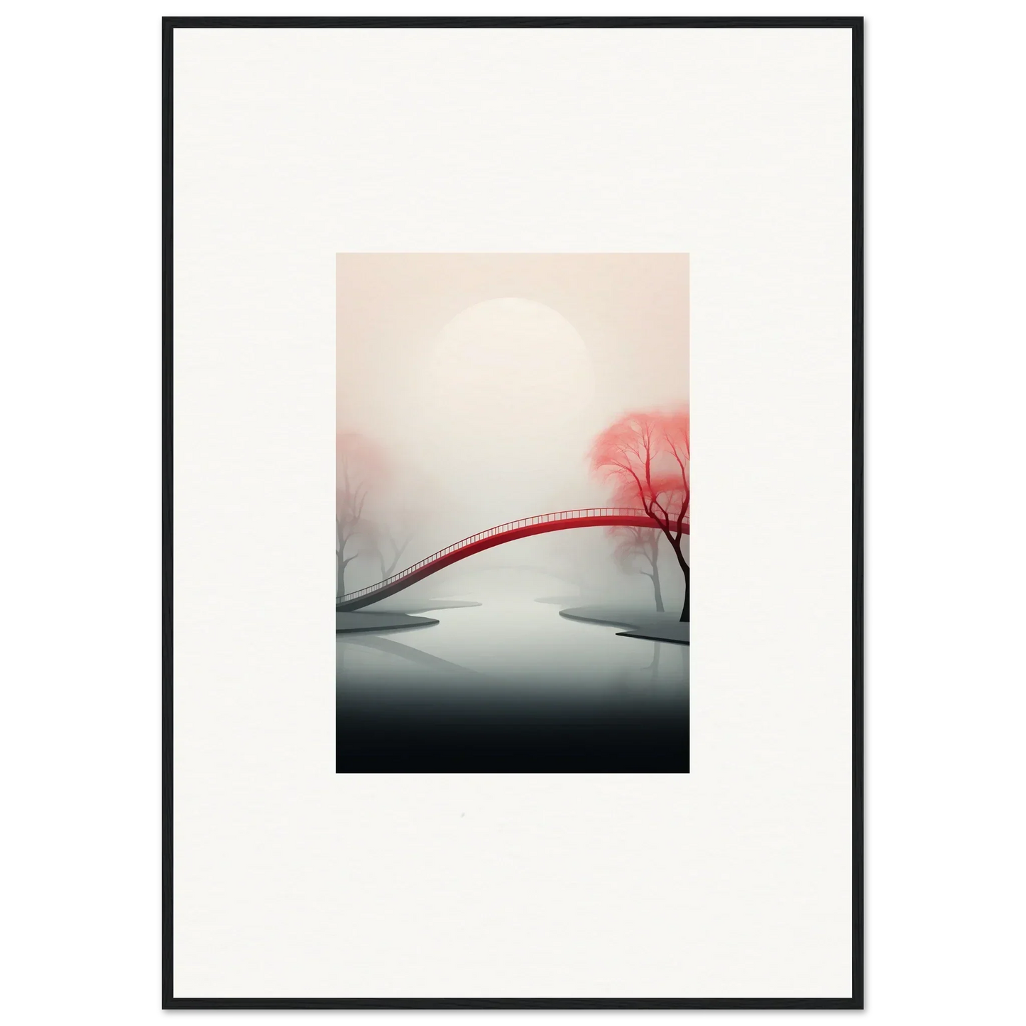 Red arched bridge over a misty waterway with pink leaves, perfect for room decoration