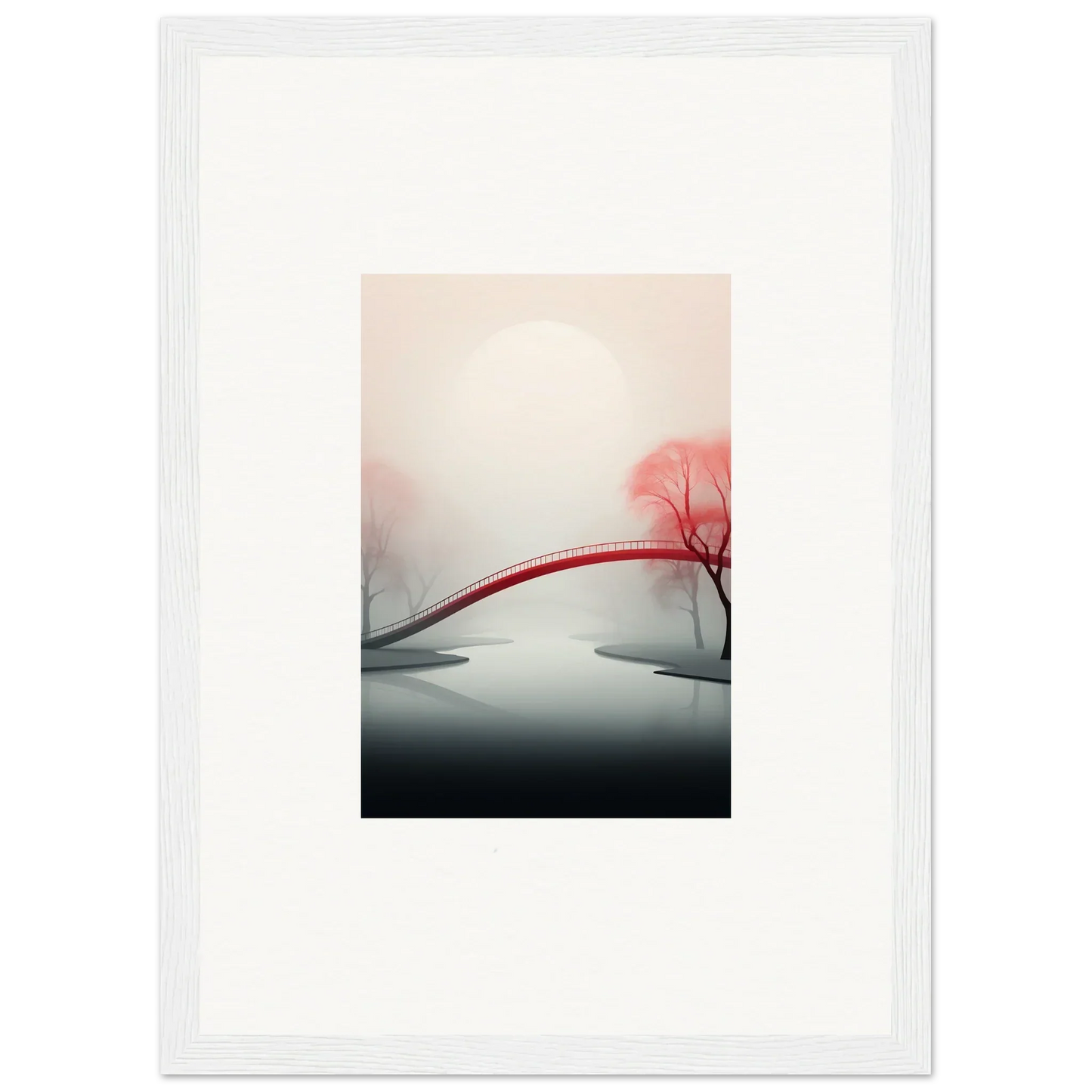 Framed canvas print of a mystic passage with a red bridge and pink trees for room decoration
