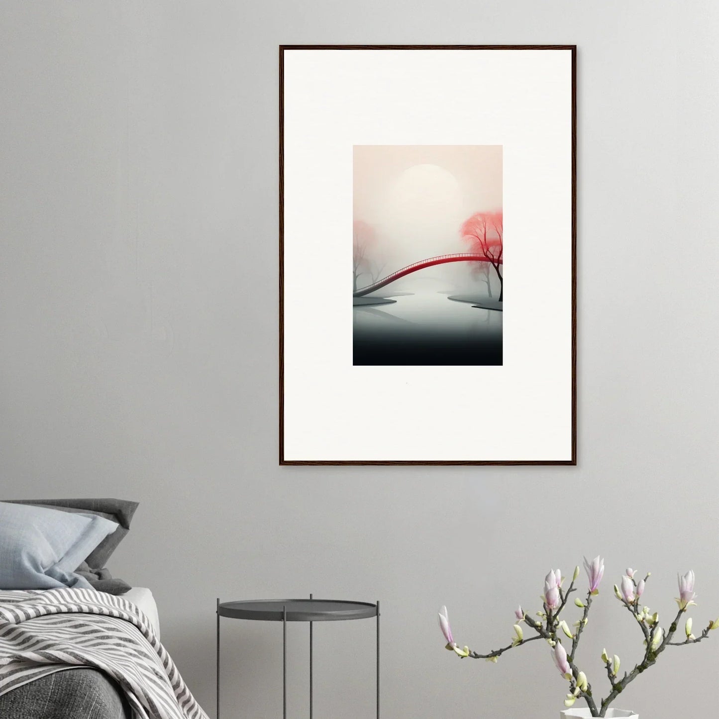 Framed canvas print of Dreamlight Mystic Passage with minimalist landscape and red flower