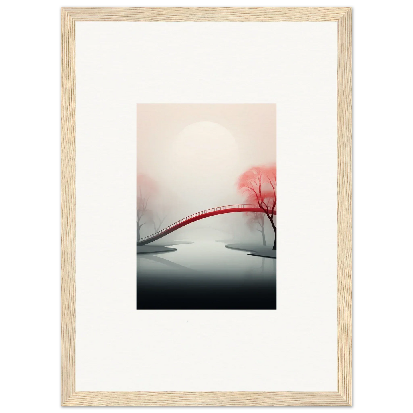 Framed canvas print of a minimalist landscape with a red bridge for room decoration