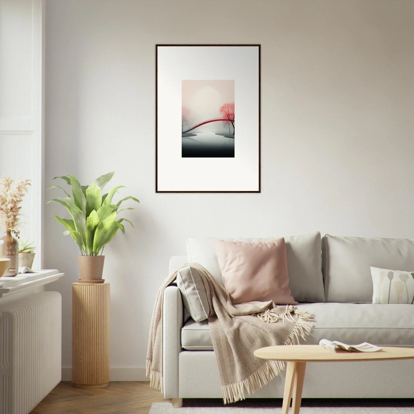 Framed minimalist canvas print of a red sun over misty water, perfect for room decoration