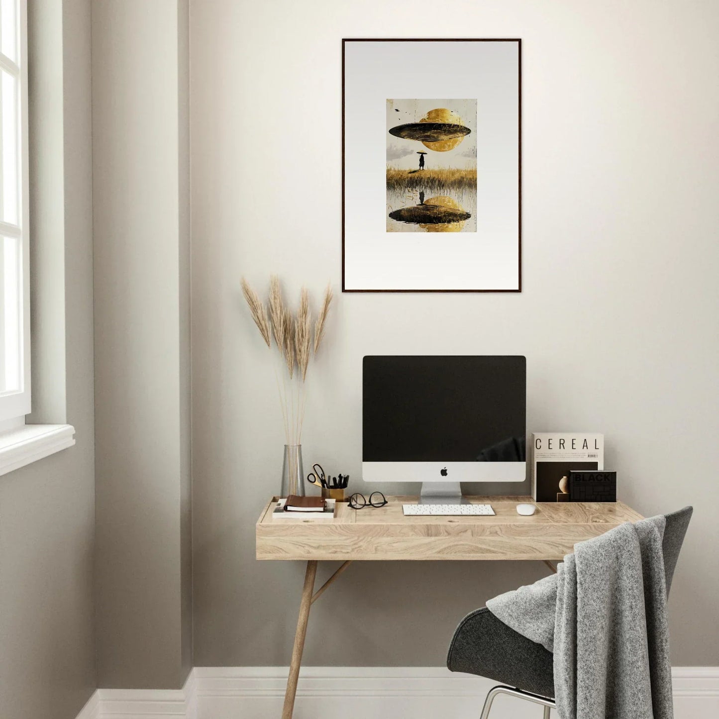 Minimalist home office with wooden desk, computer, and Airborne Crown canvas print