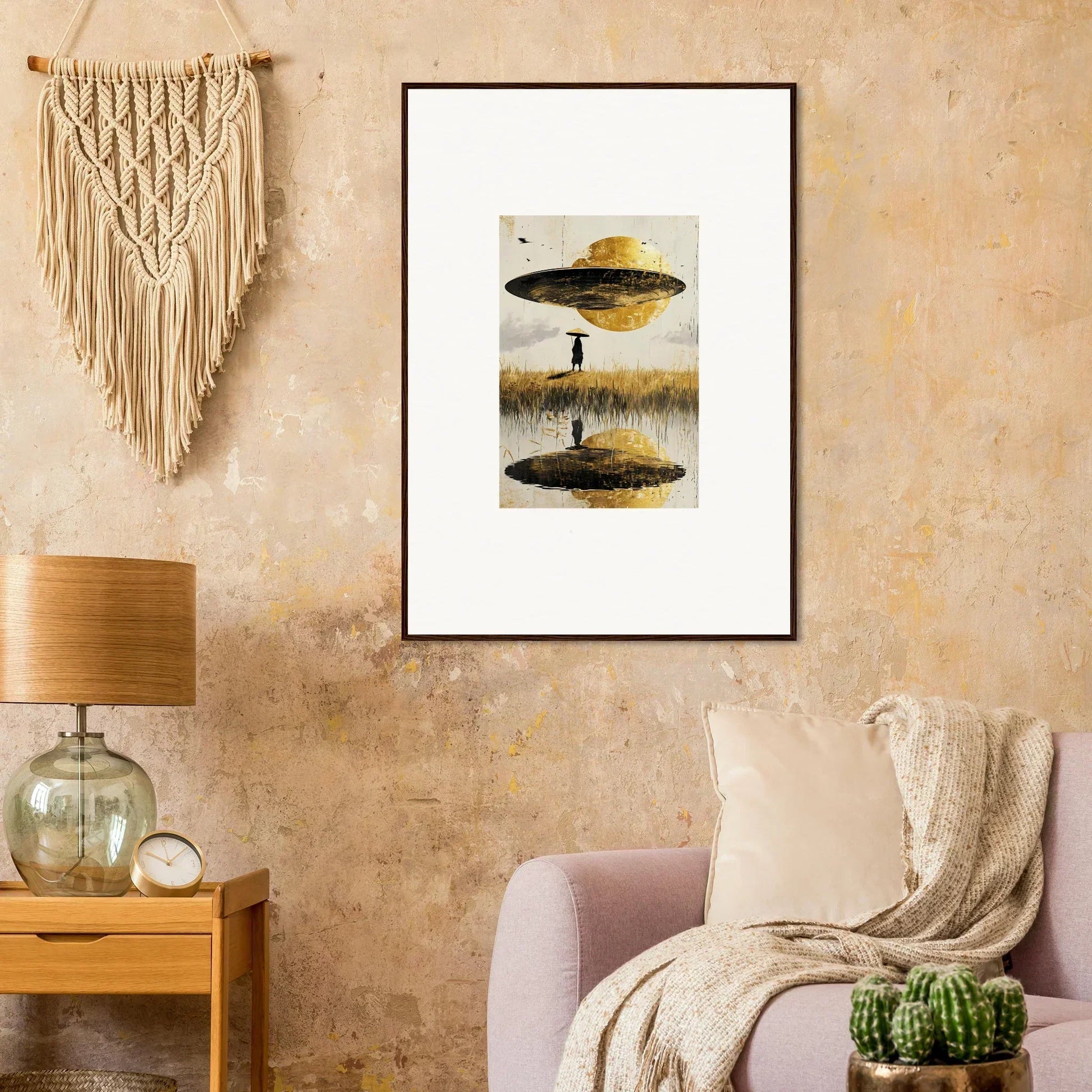 Framed surrealist canvas print of an airborne crown with an inverted landscape and UFO