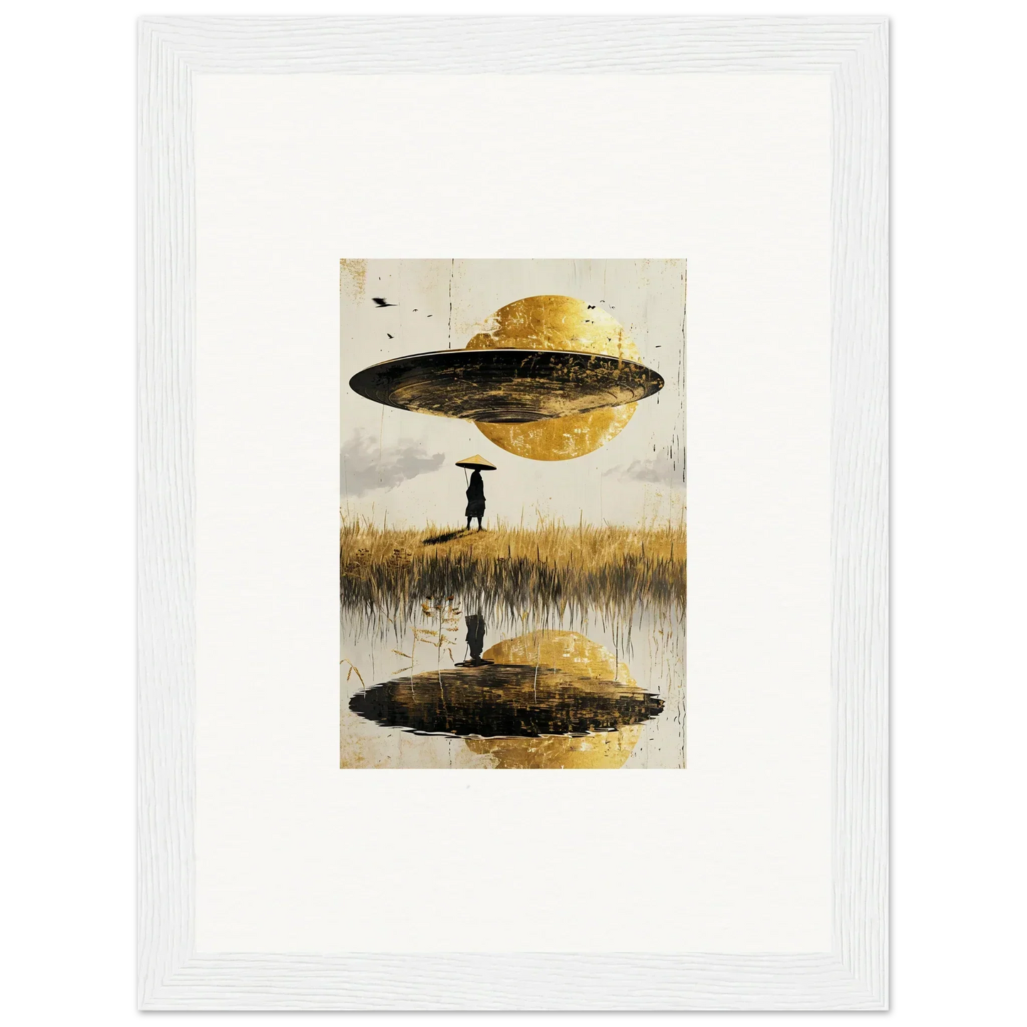 Surreal Saturn-like flying saucer above reflective surface, perfect for an airborne crown canvas print
