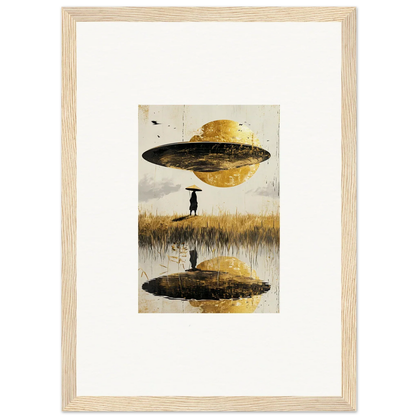 Surreal UFO artwork with a silhouetted figure, perfect for an Airborne Crown canvas print