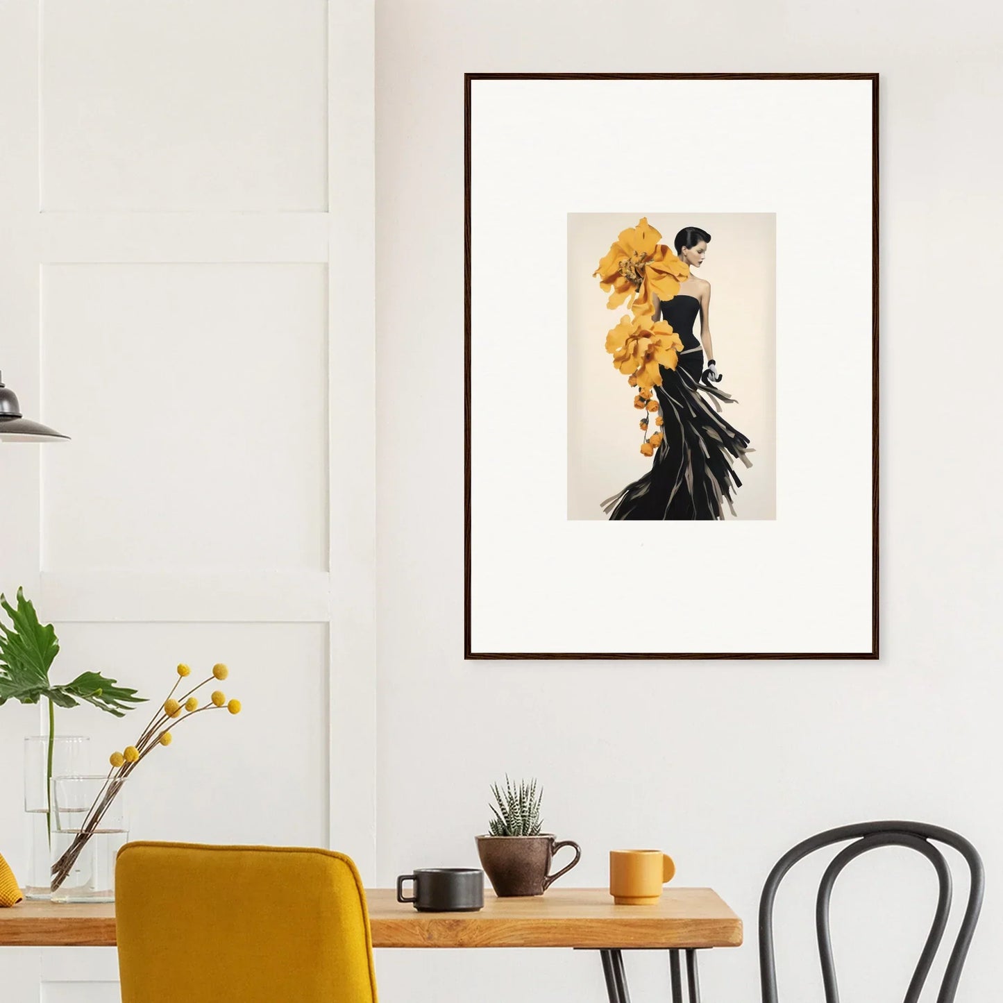 Framed fashion illustration of a stunning black gown with yellow-gold accents from Dreams Ascend Azure