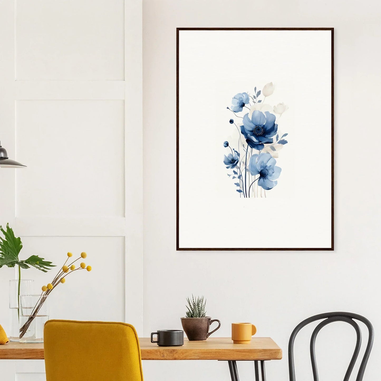 Framed watercolor painting of blue flowers, perfect for room decoration or canvas print