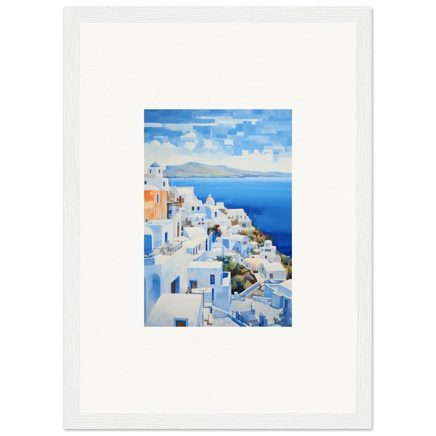 Framed wall art of Santorini’s white buildings in Dreamscape Blue Reflections style