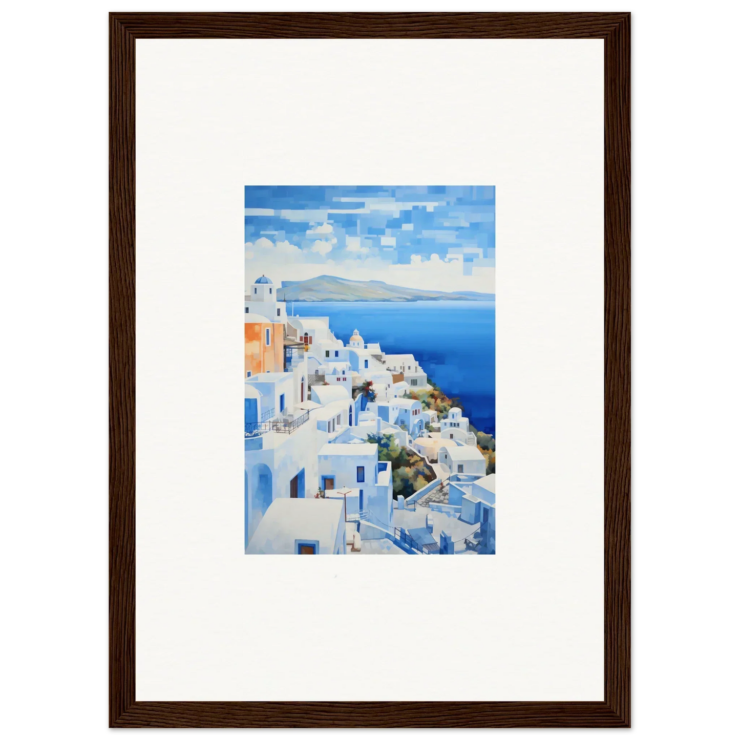 Framed wall art of Santorini’s blue domes and white buildings in Dreamscape Blue Reflections