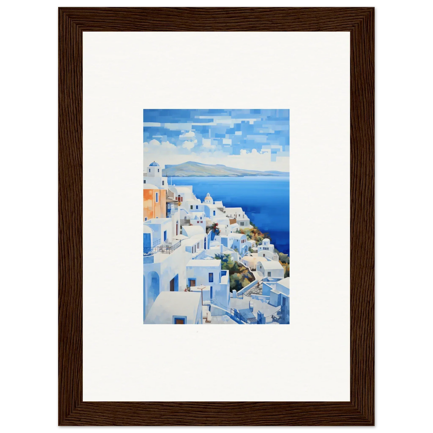 Framed wall art of Santorini’s blue domes in Dreamscape Blue Reflections style