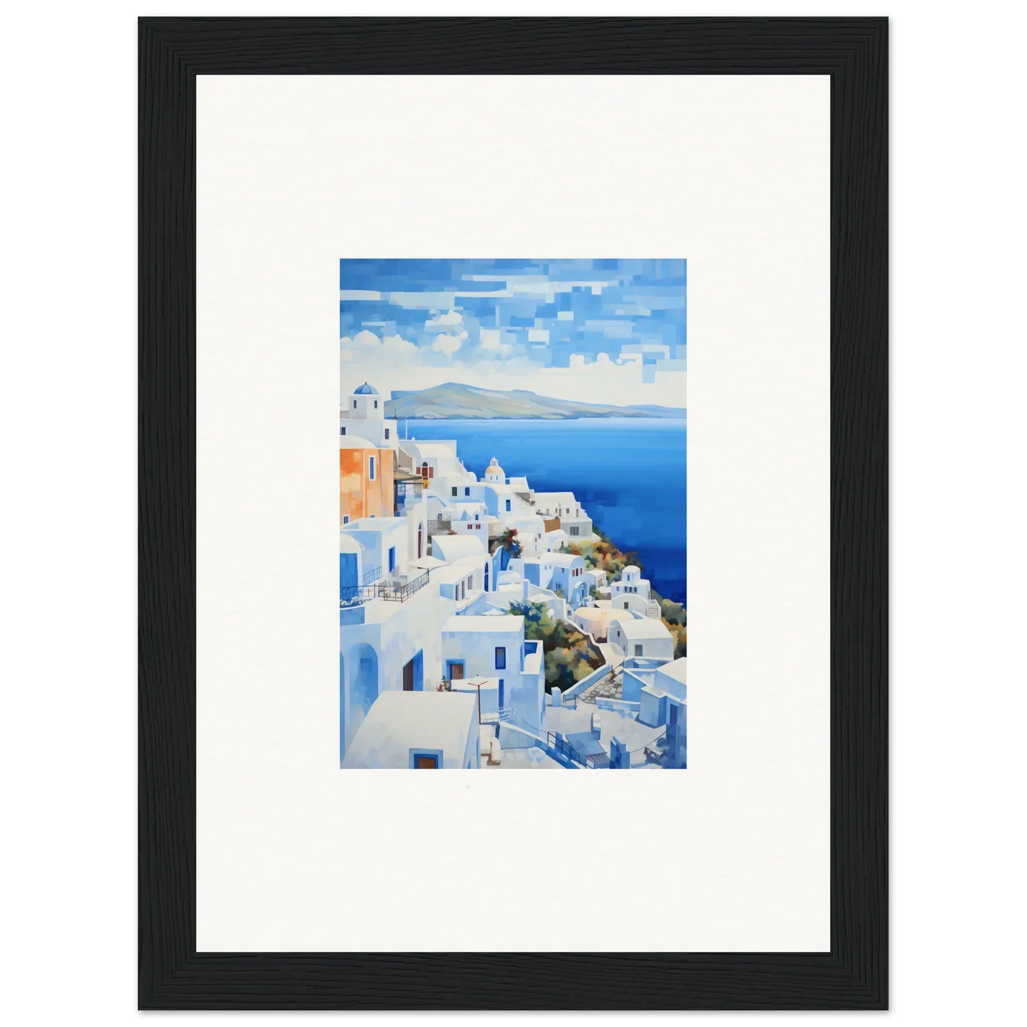 Framed wall art of Santorini’s blue domes in Dreamscape Blue Reflections design