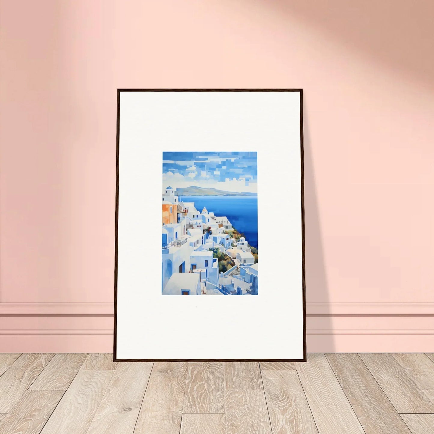 Framed wall art of Santorini’s iconic blue domes in Dreamscape Blue Reflections style