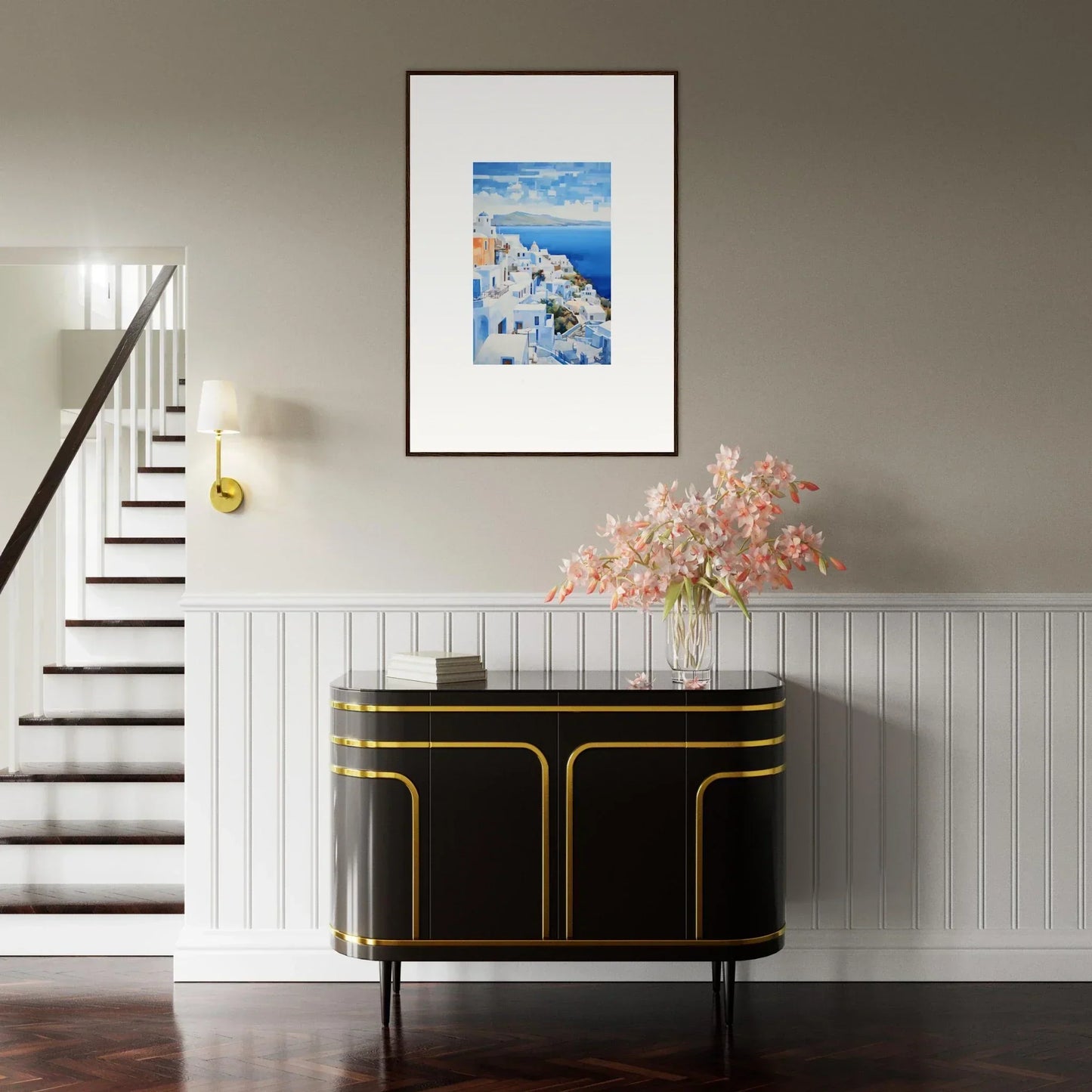 Art deco-style black cabinet with gold trim from Dreamscape Blue Reflections collection