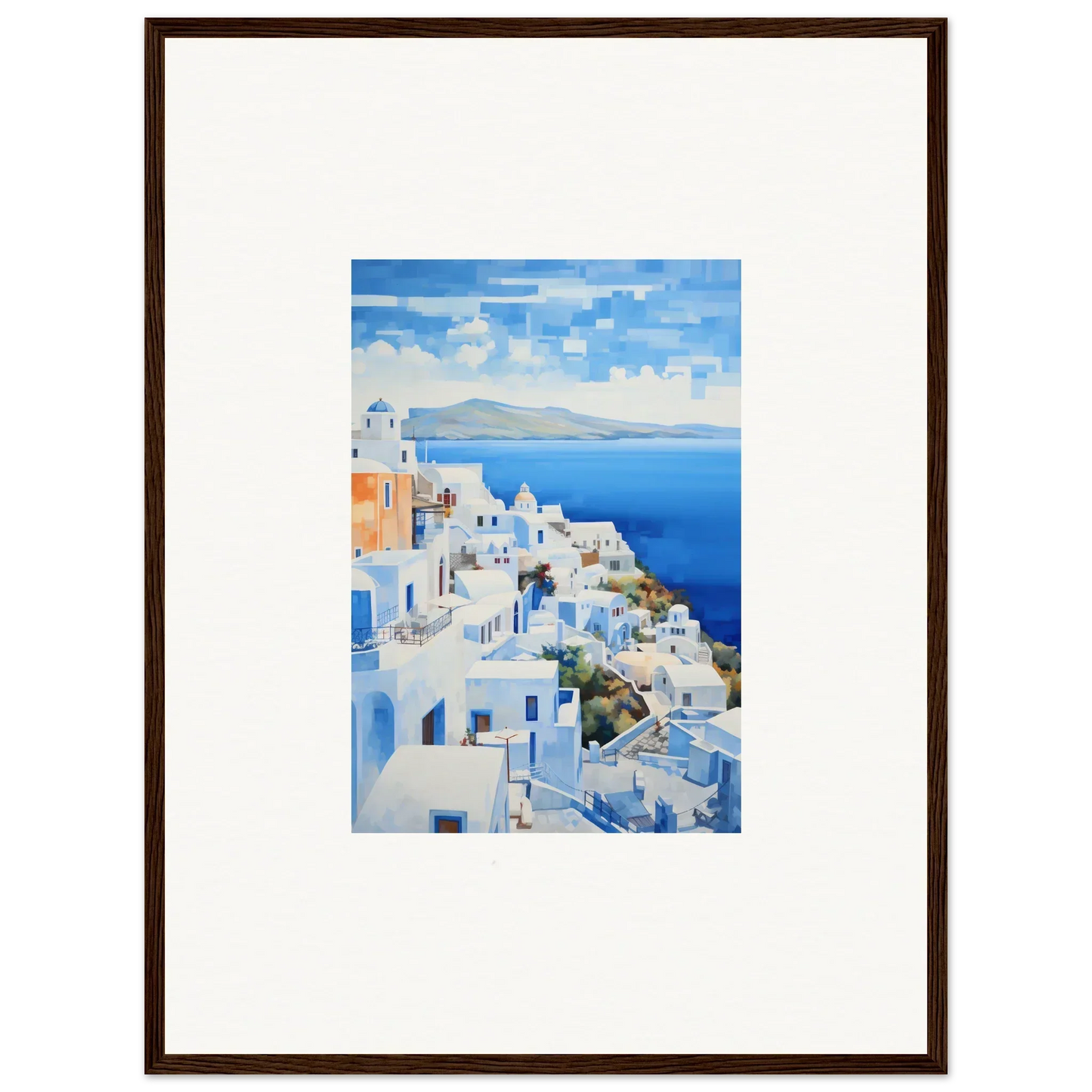 Framed wall art of Santorini’s white buildings in Dreamscape Blue Reflections style