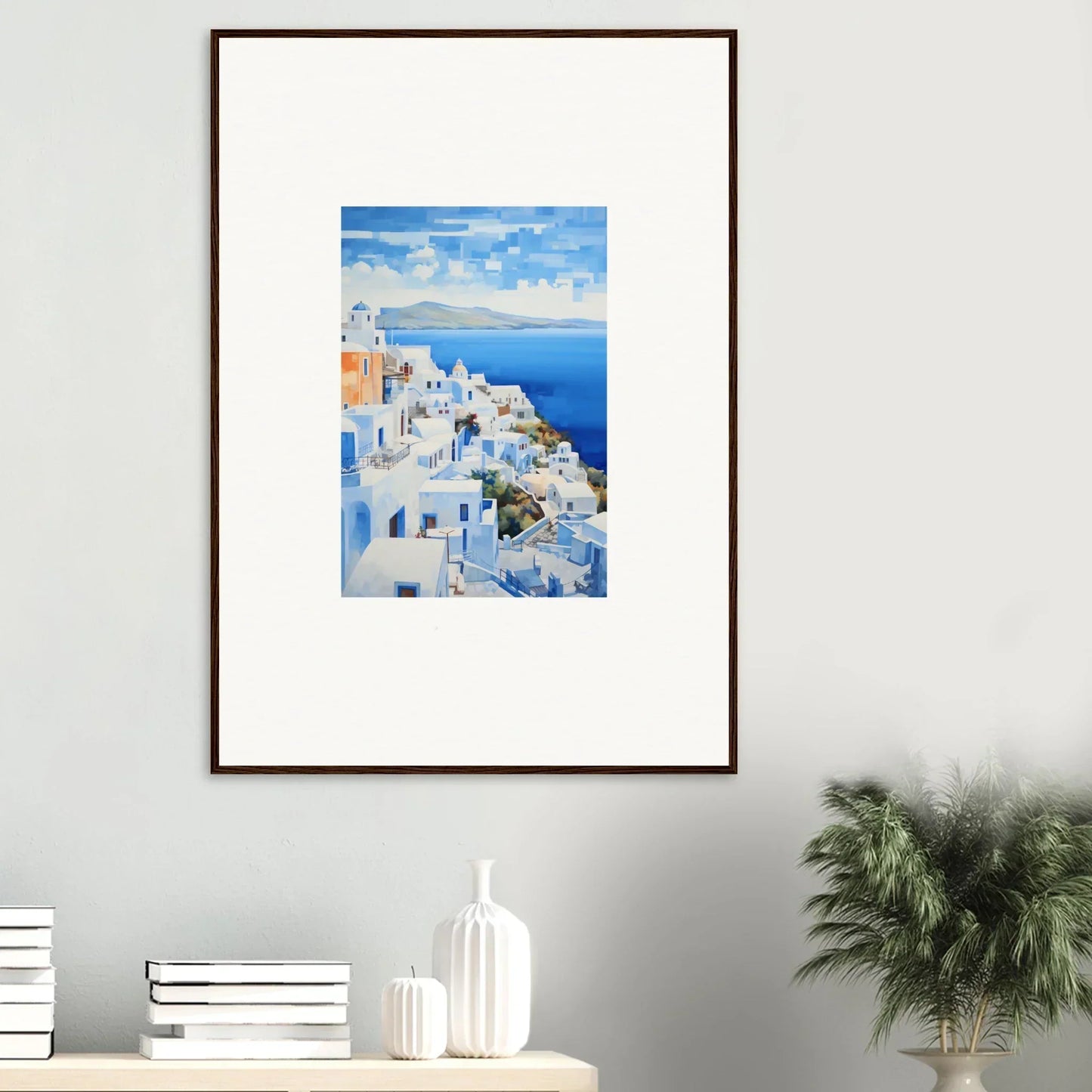 Framed wall art featuring Santorini’s white buildings and blue domes in Dreamscape Blue Reflections