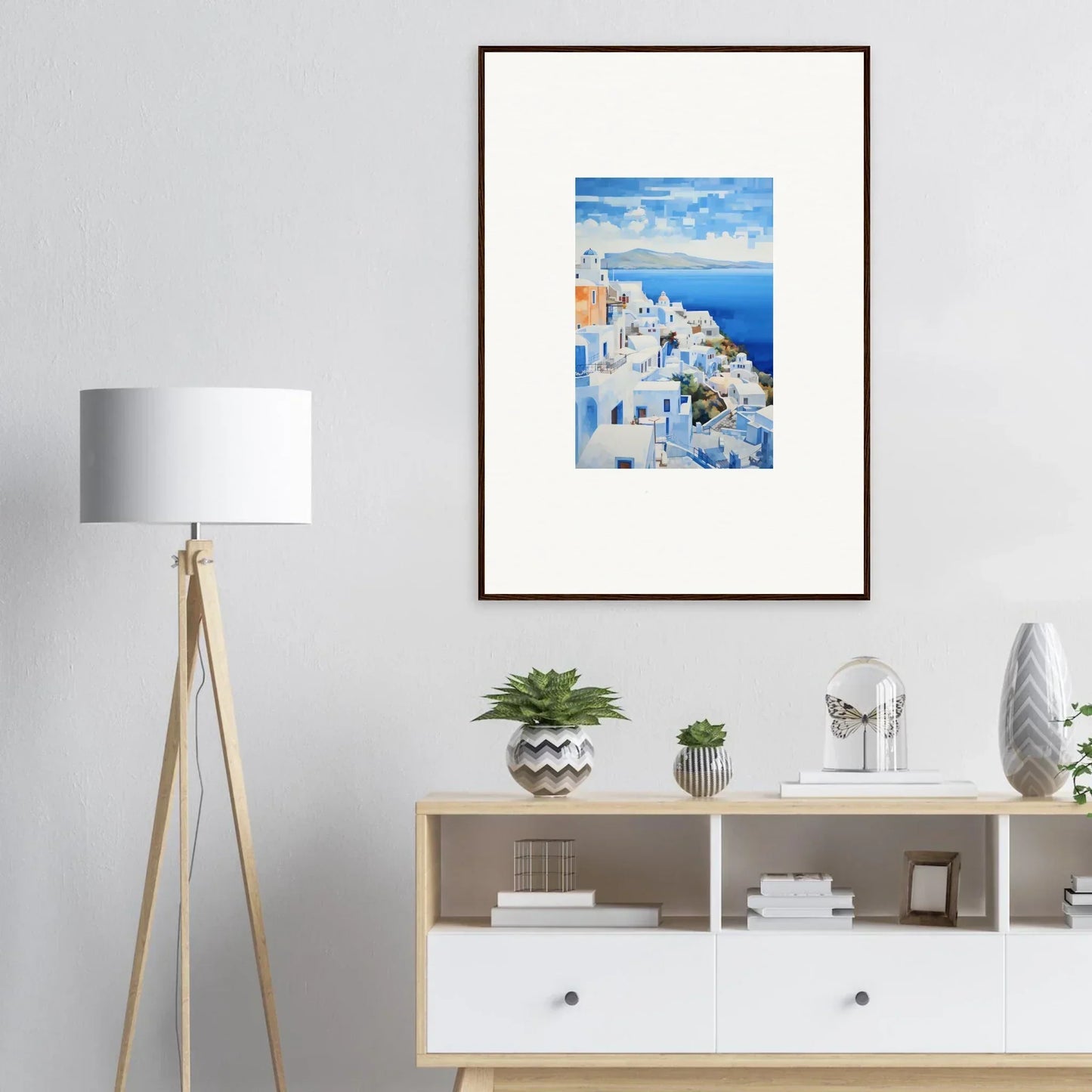 Framed wall art of Santorini’s blue domes and white buildings in Dreamscape Blue Reflections
