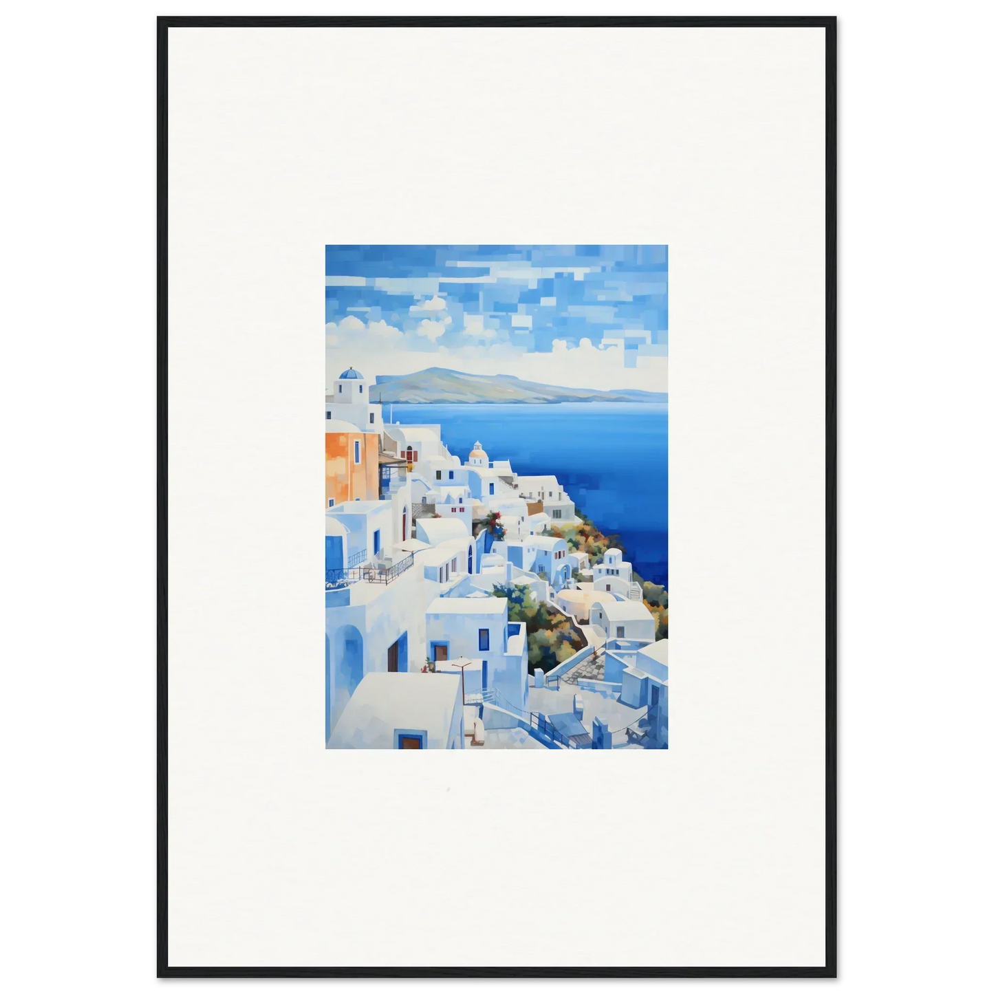 Framed wall art of Santorini’s blue domes and white buildings in Dreamscape Blue Reflections