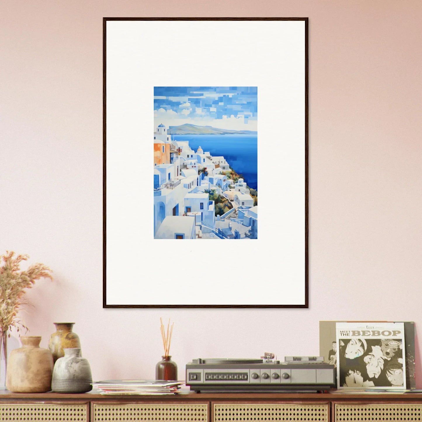 Framed wall art of Santorini’s blue domes, part of Dreamscape Blue Reflections collection