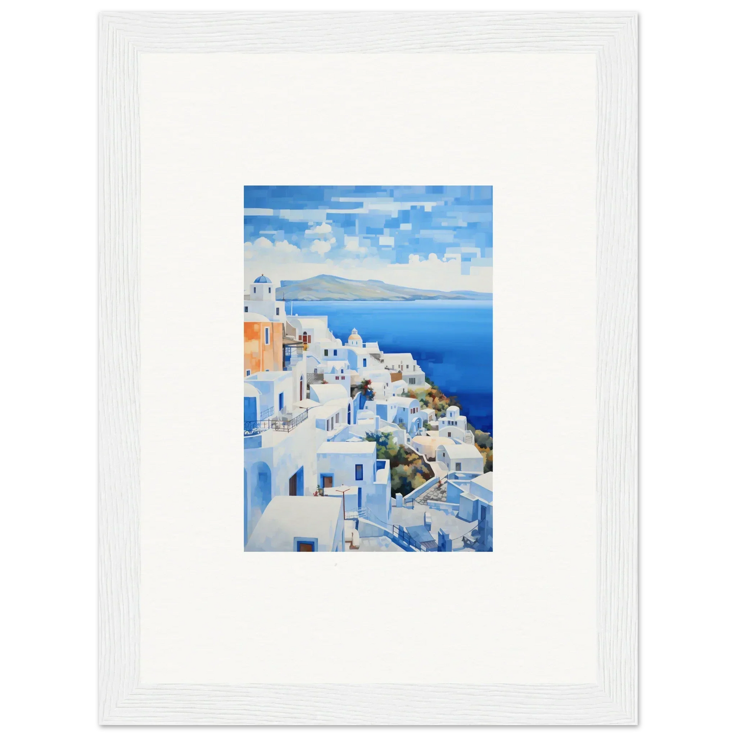 Framed wall art of Santorini blue domes and sea, a perfect piece for your Dreamscape Blue Reflections
