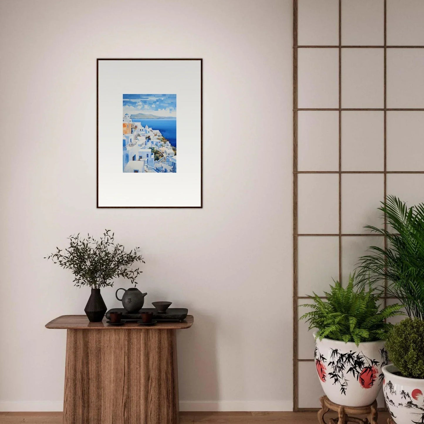Framed wall art of Santorini with blue domes in Dreamscape Blue Reflections style