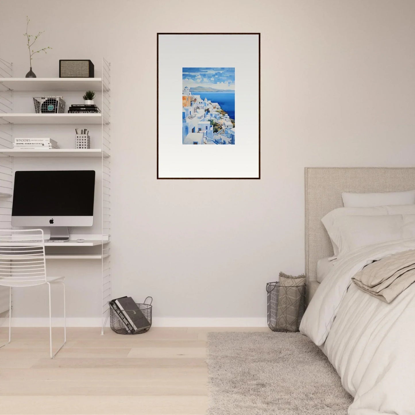 Framed wall art of Santorini’s blue domes, perfect for your Dreamscape Blue Reflections