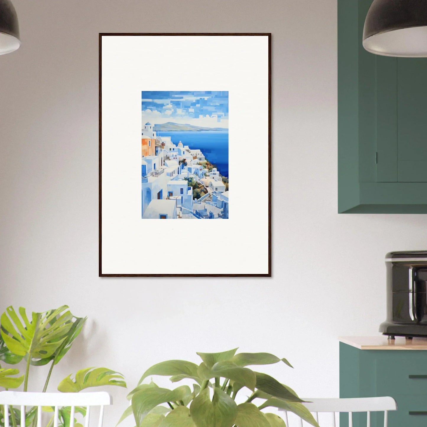 Framed wall art of Santorini’s white buildings and blue domes from Dreamscape Blue Reflections