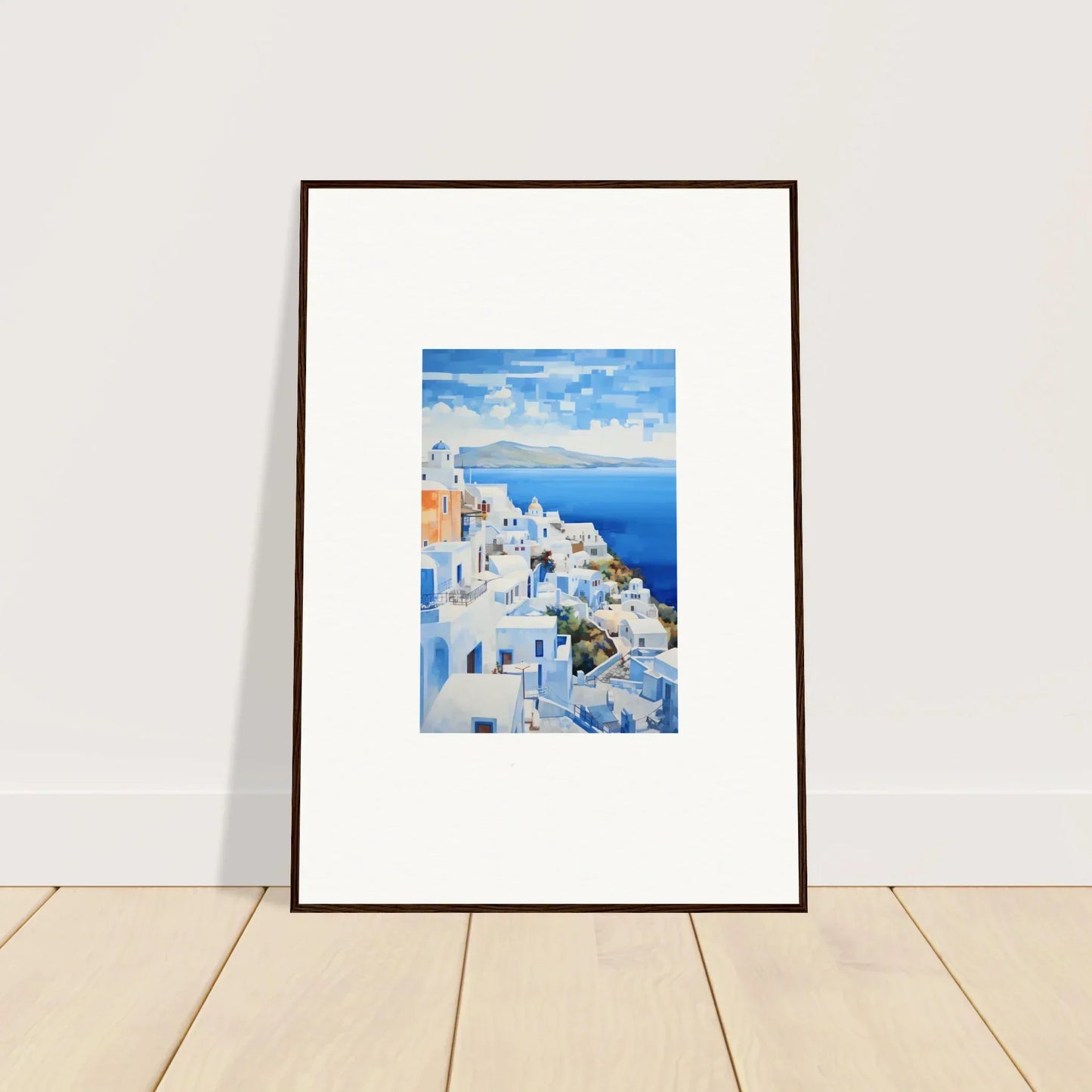 Framed wall art of Santorini’s blue domes in Dreamscape Blue Reflections style