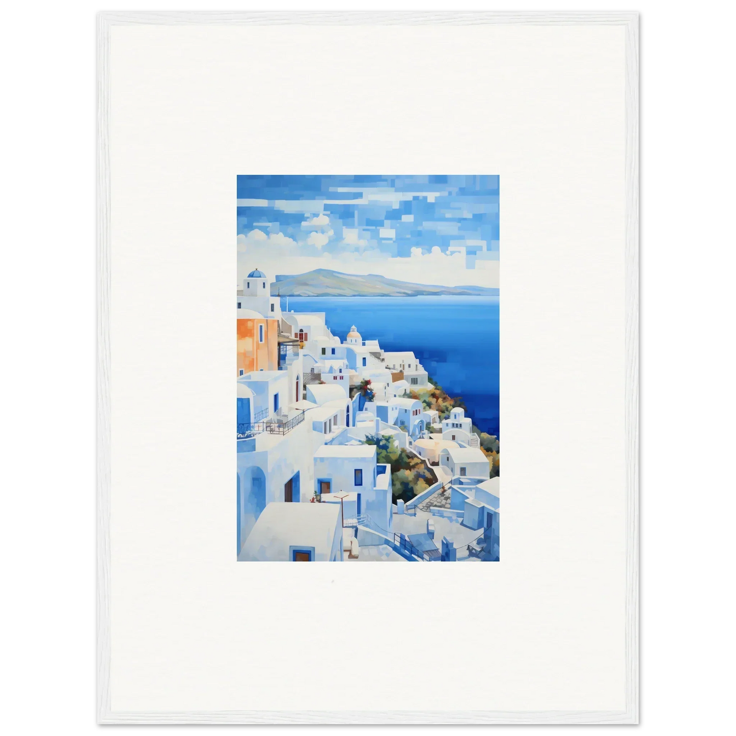 Framed wall art of Santorini, Greece in Dreamscape Blue Reflections design