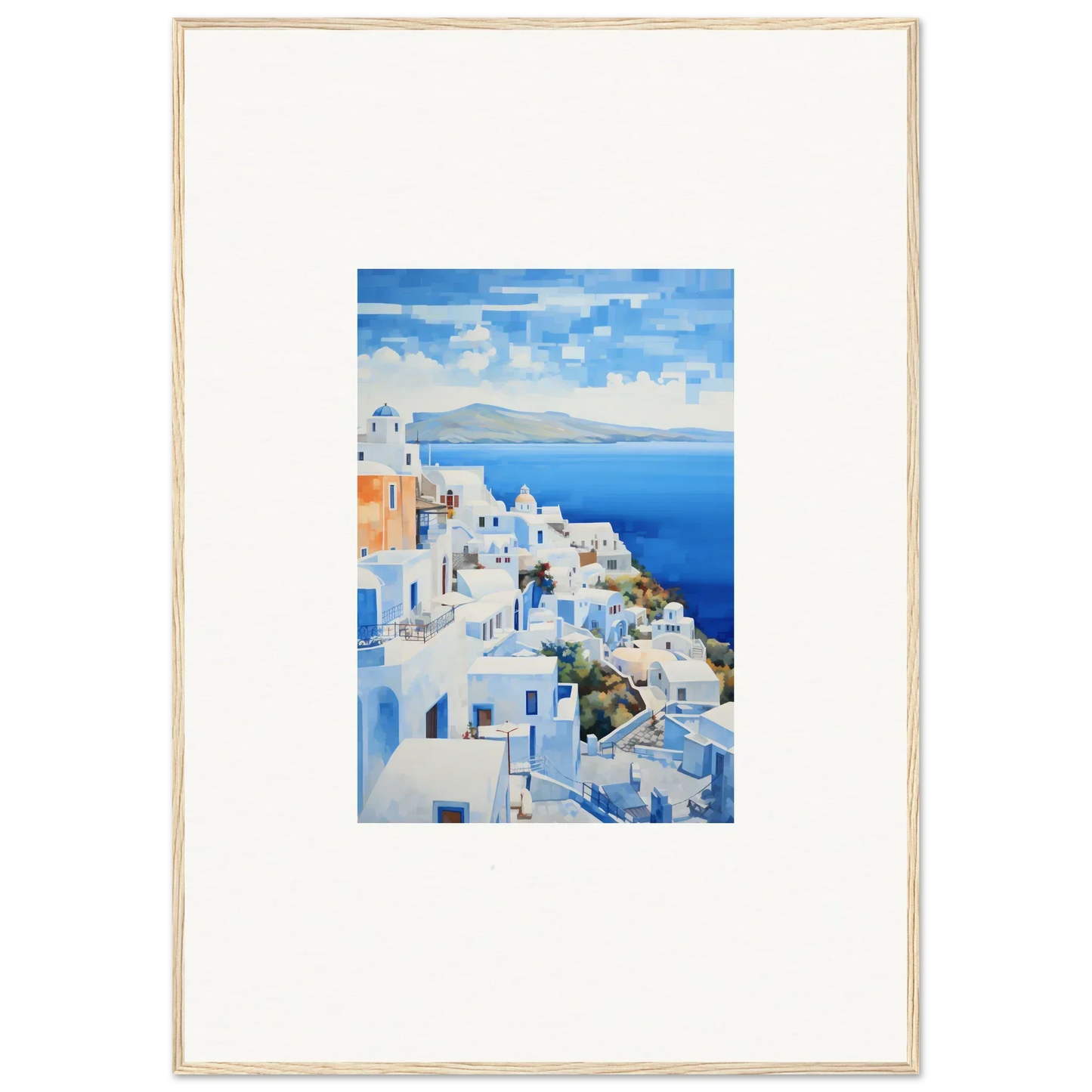Framed wall art of Santorini’s white buildings and blue domes in Dreamscape Blue Reflections