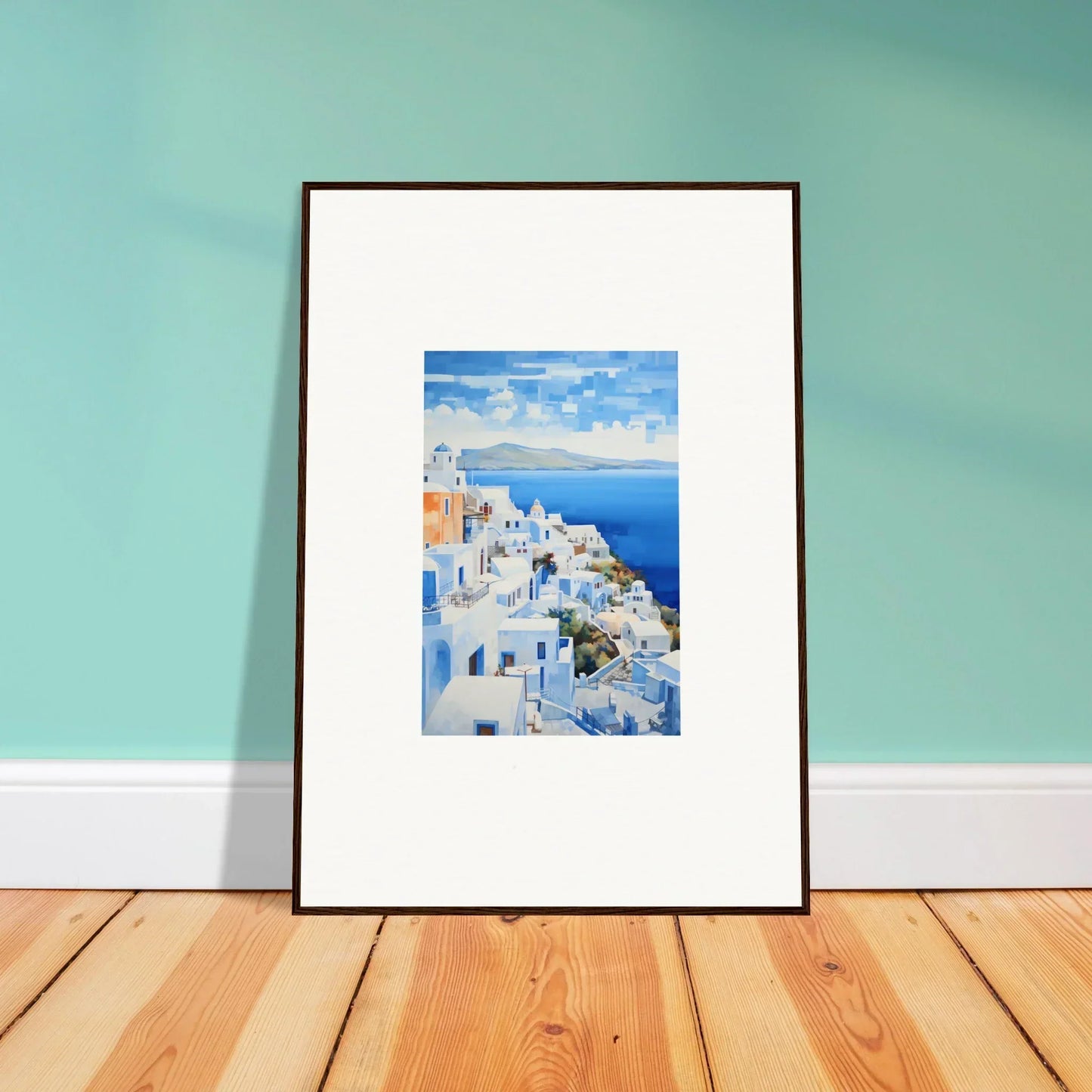 Framed wall art of Santorini’s white buildings and blue domes for Dreamscape Blue Reflections