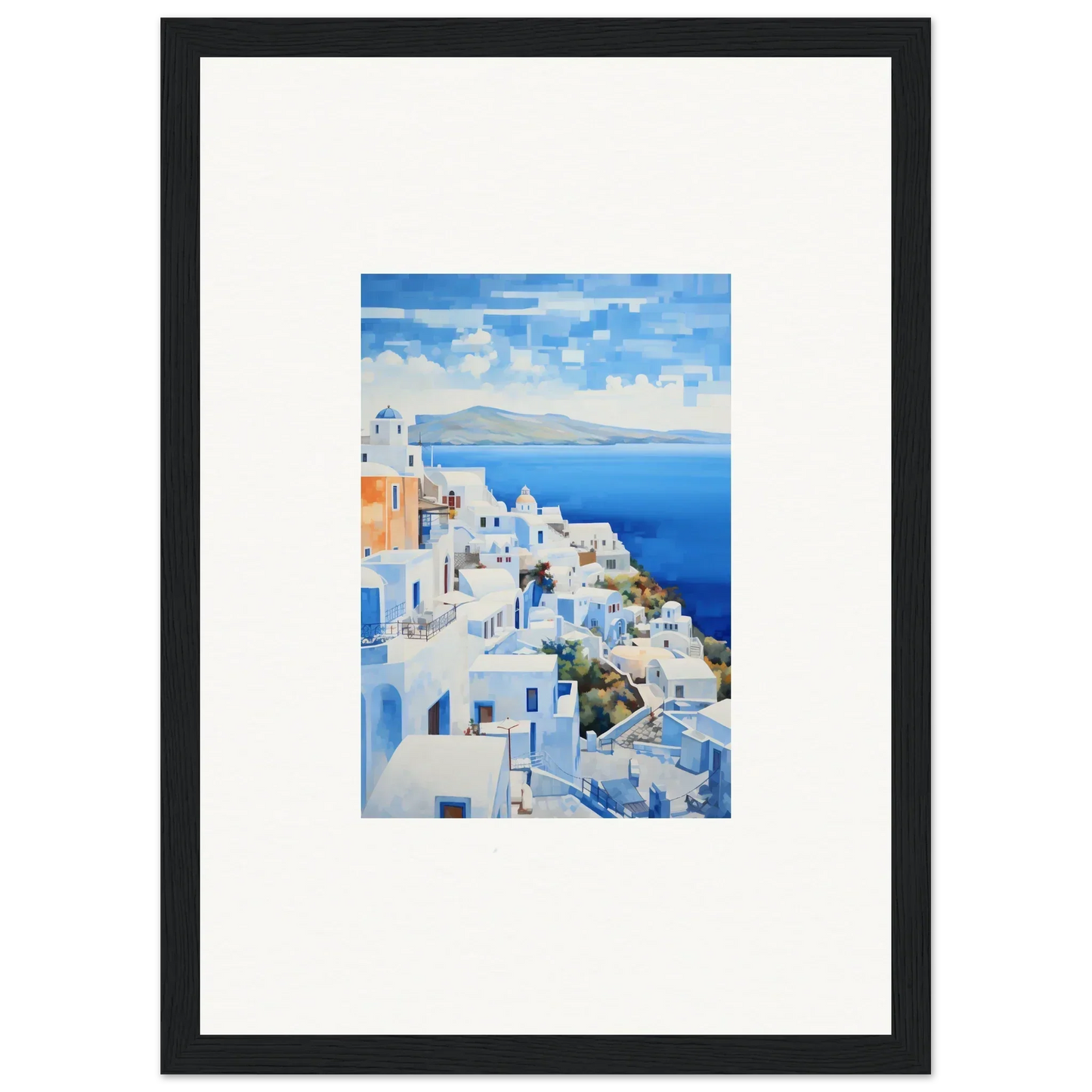Framed wall art of Santorini with blue domes, part of Dreamscape Blue Reflections