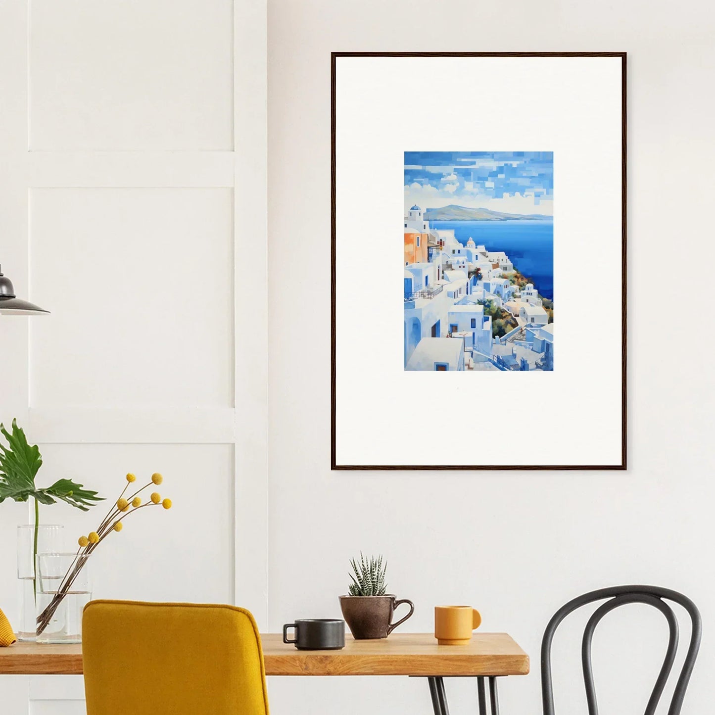Framed wall art of Santorini’s white buildings and blue domes in Dreamscape Blue Reflections