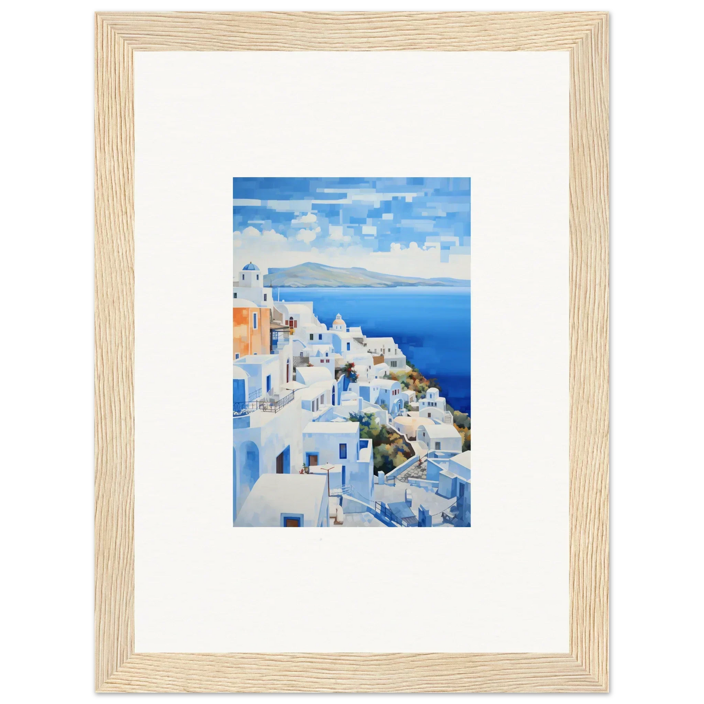 Framed wall art of Santorini’s white buildings in Dreamscape Blue Reflections style