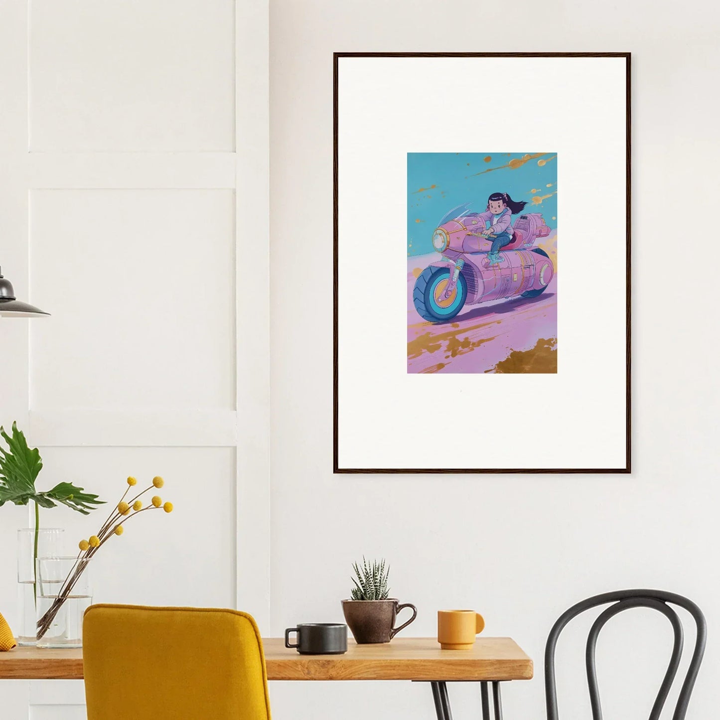 Framed canvas print of a cartoon character on a futuristic motorcycle for room decoration