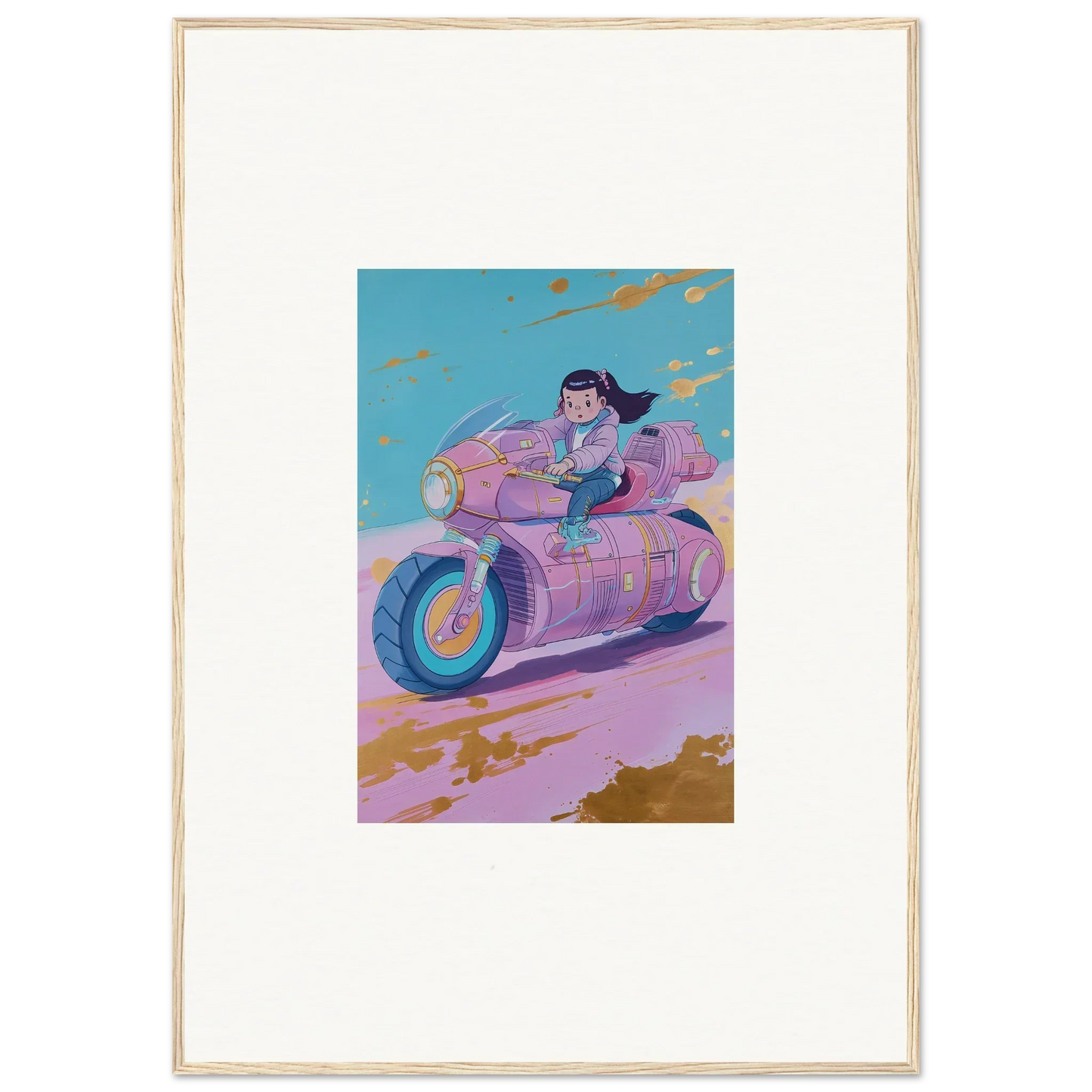 Colorful artwork of a person on a futuristic motorcycle for a Dreamwave Photon Chase canvas print