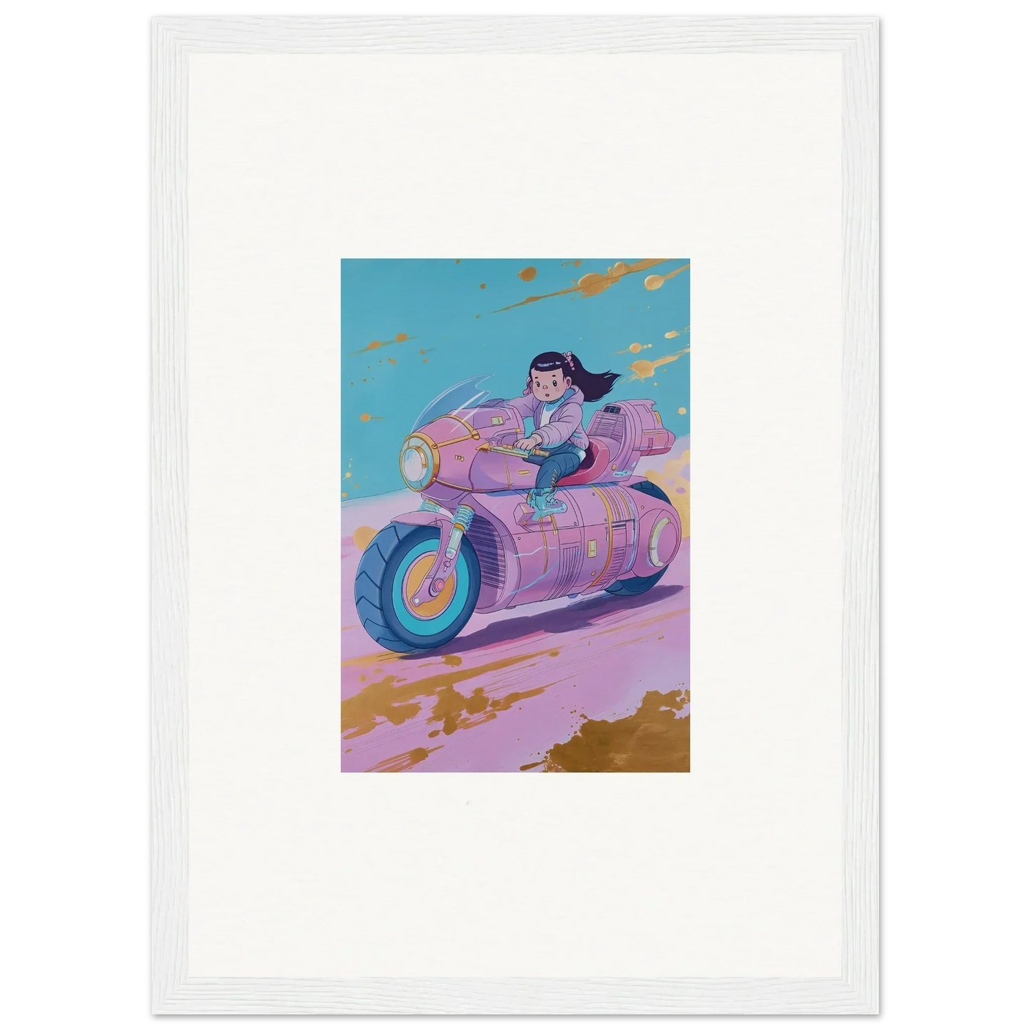 Colorful canvas print of a person on a futuristic motorcycle in Photon Chase