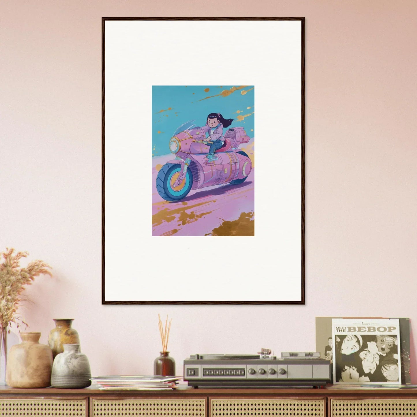 Colorful cartoon character on motorcycle canvas print, perfect for Dreamwave Photon Chase room decoration