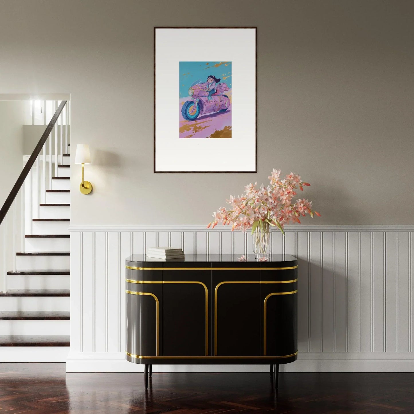 Framed canvas print of a person on a pink scooter in a blue background for dreamlike room decoration